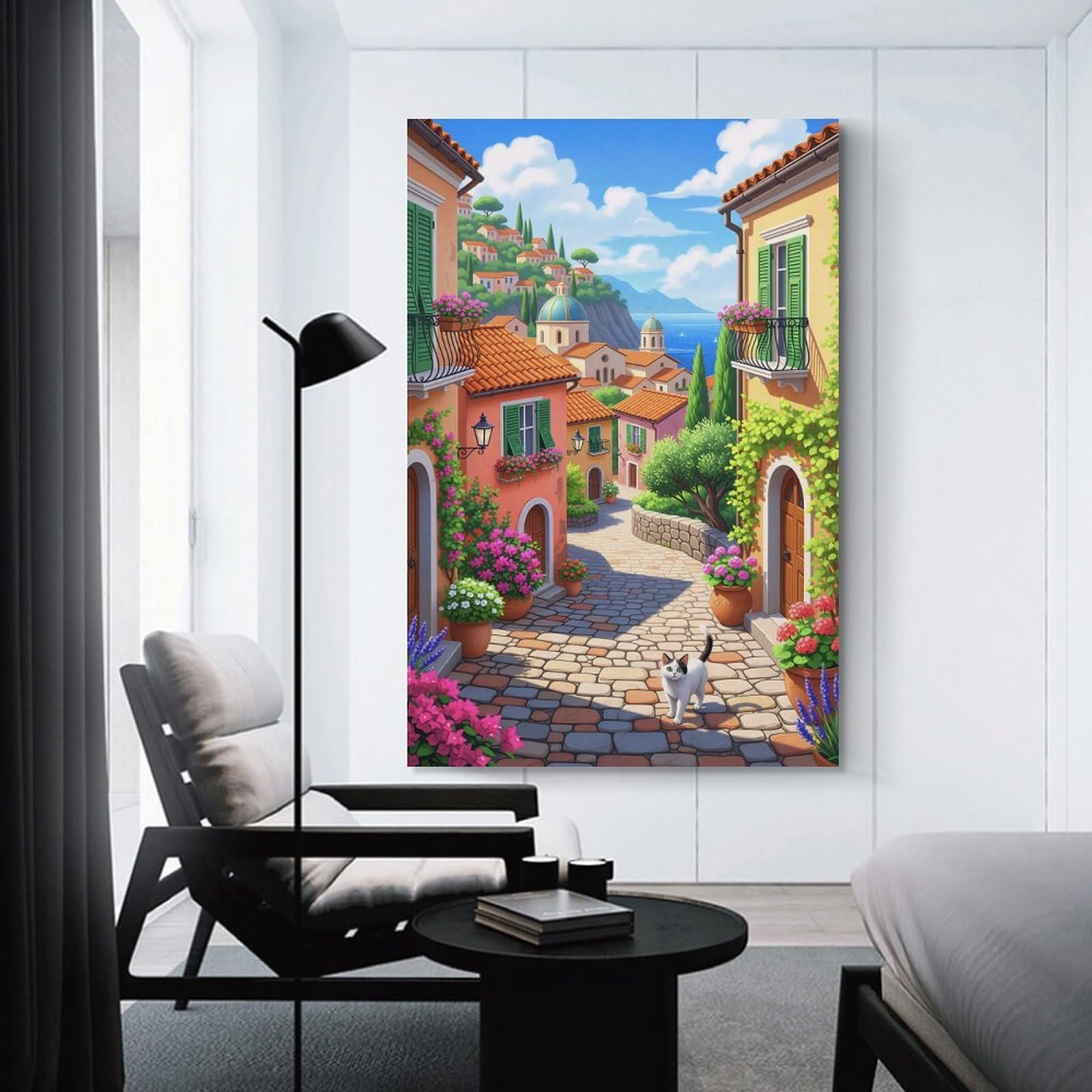 Junmoney Canvas Art Print Sunlit Stroll Cat in Italian, 24x36inch(60x90cm), for New Homes, Bedrooms Or Workspaces, Thoughtful Wall Decor for Art Lovers