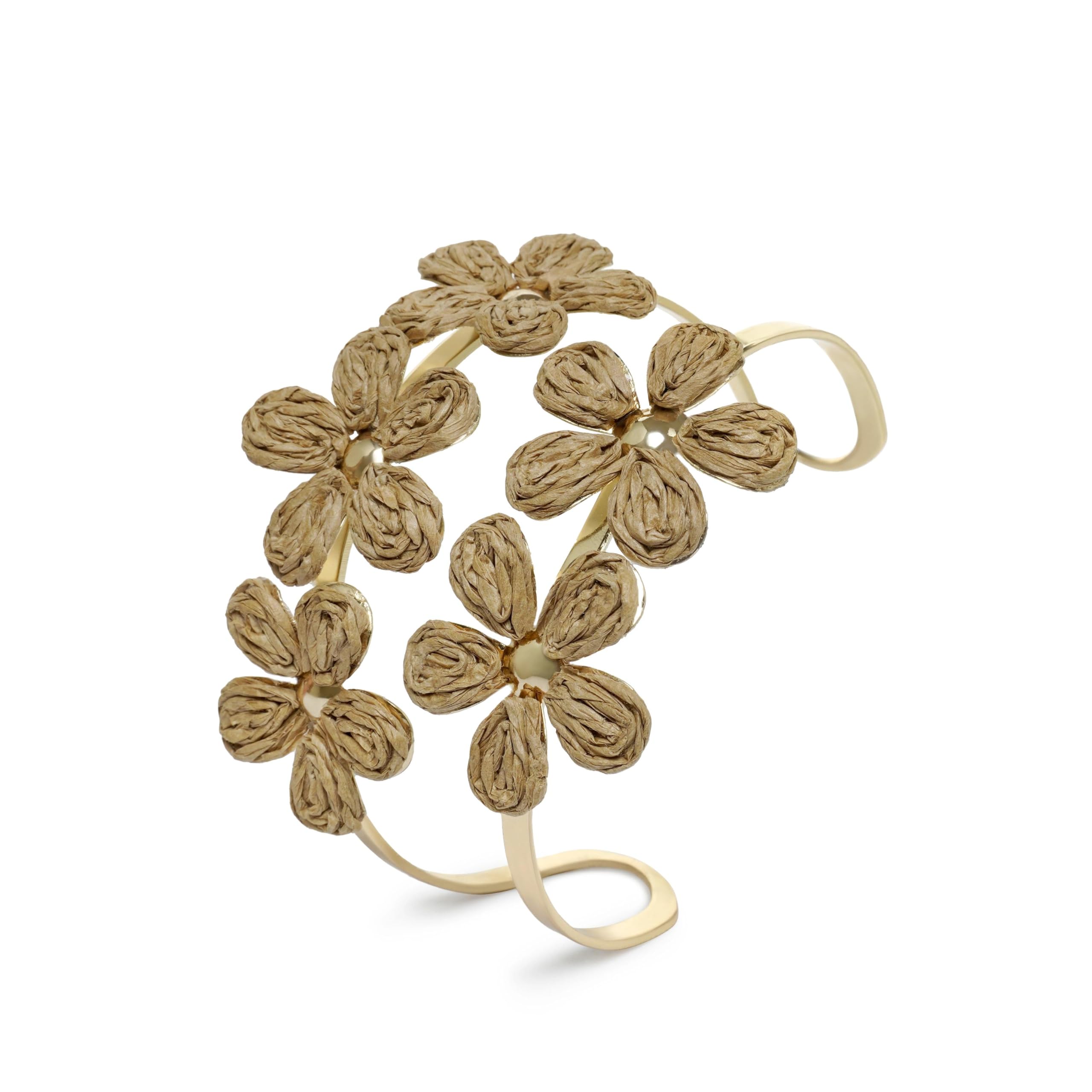 Raffia Flower Cuff Bangle Bracelet for Women, Adjustable Boho Floral Wide Open Bangle for Summer Beach, Handmade Trendy Rattan Jewelry