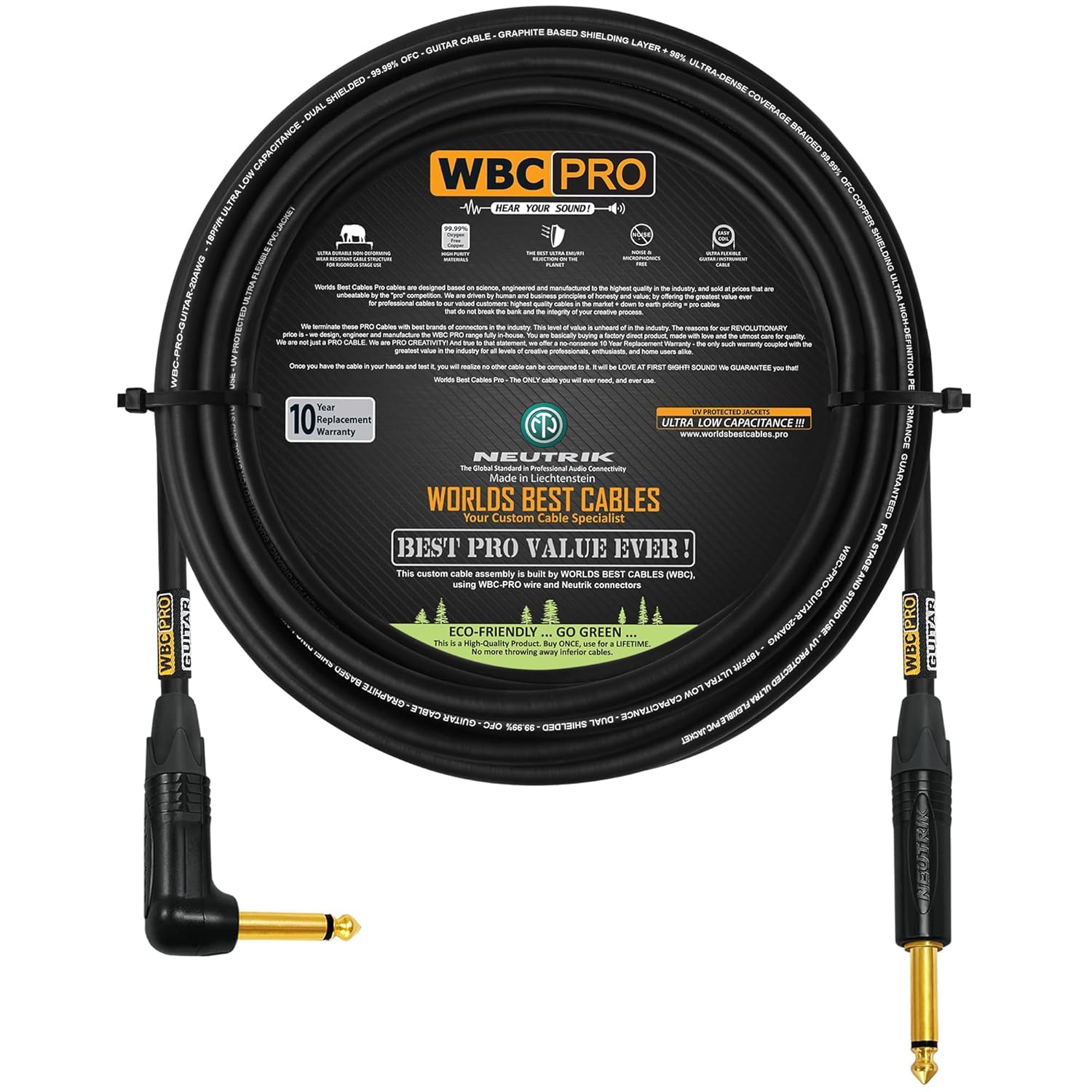 WBC-PRO-GUITAR, 5 metros, 20 AWG, tapa baja (18 pF/ft) - Grado profesional - basado en grafito - Cable de guitarra de doble blindaje, bajo, instrumento con conectores Neutrik recto a ángulo de 6,35 mm