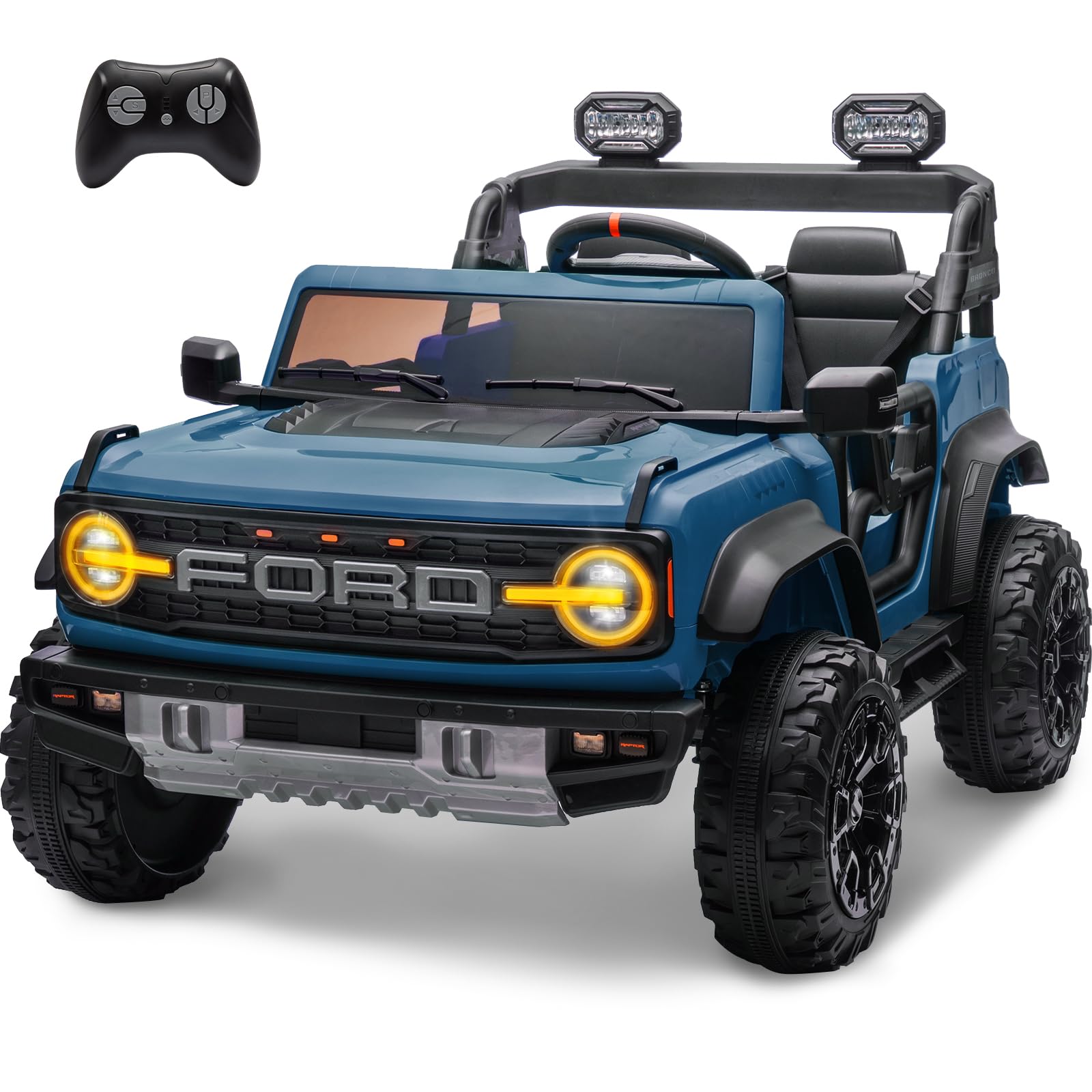ENYOPRO 2 Seater Ride On Car for Kids, 24v Licensed Ford Bronco Raptor Electric Power Ride On Truck Toy with Remote Control, 4 Wheels Shock Absorption, Soft Start, Bluetooth, Radio, 3 Speed - Blue