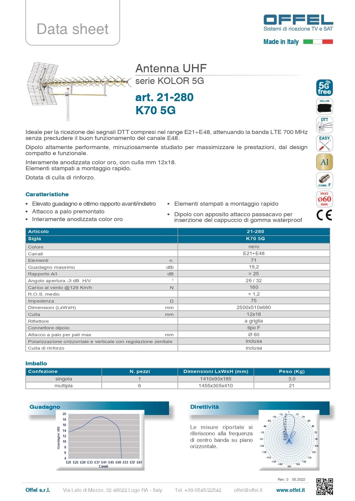Antena UHF serie Kolor 21-280 71 elementos 5G Free, Antena para Televisión Exterior