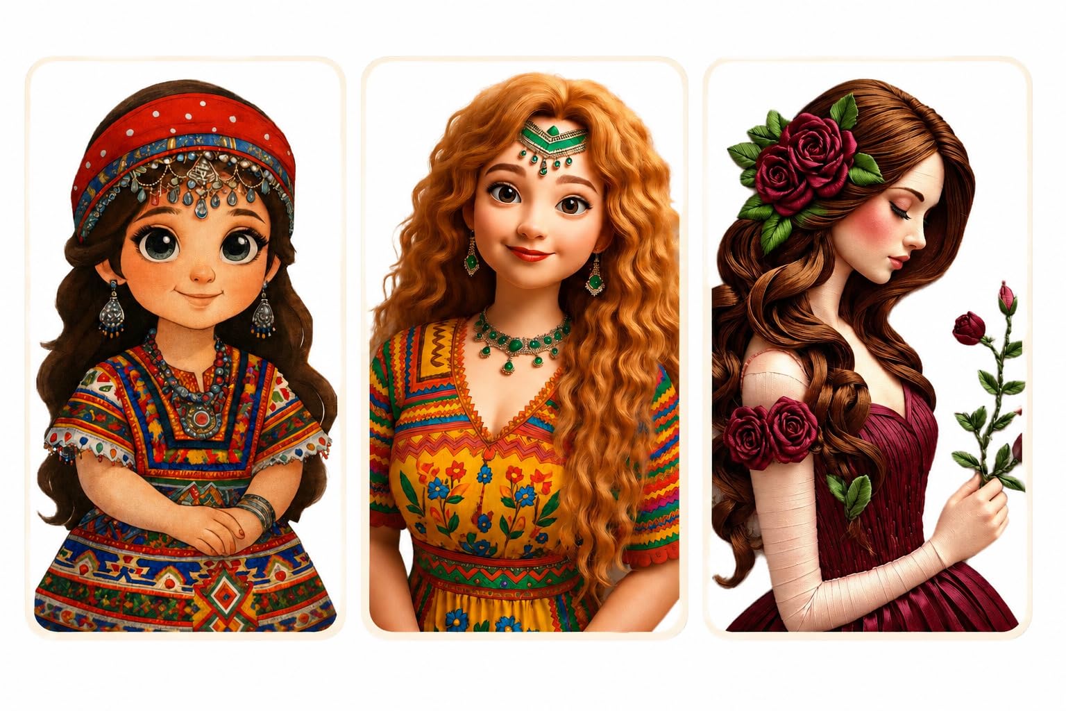Illustrated Girls Art Print, Traditional Ethnic Outfit, Floral Rose Design, Set of 3-picture-53
