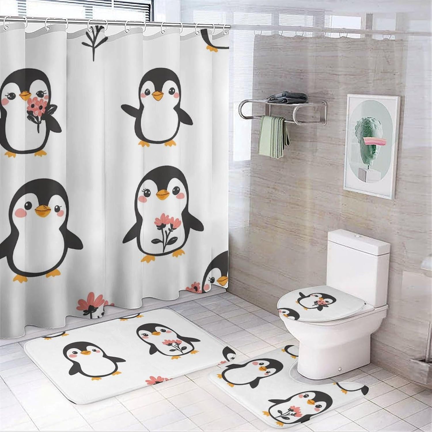 Penguins and Wild Flowers Modern Bathroom Sets with Shower Curtain and Rugs Decor 4 Pcs with 12 Hooks