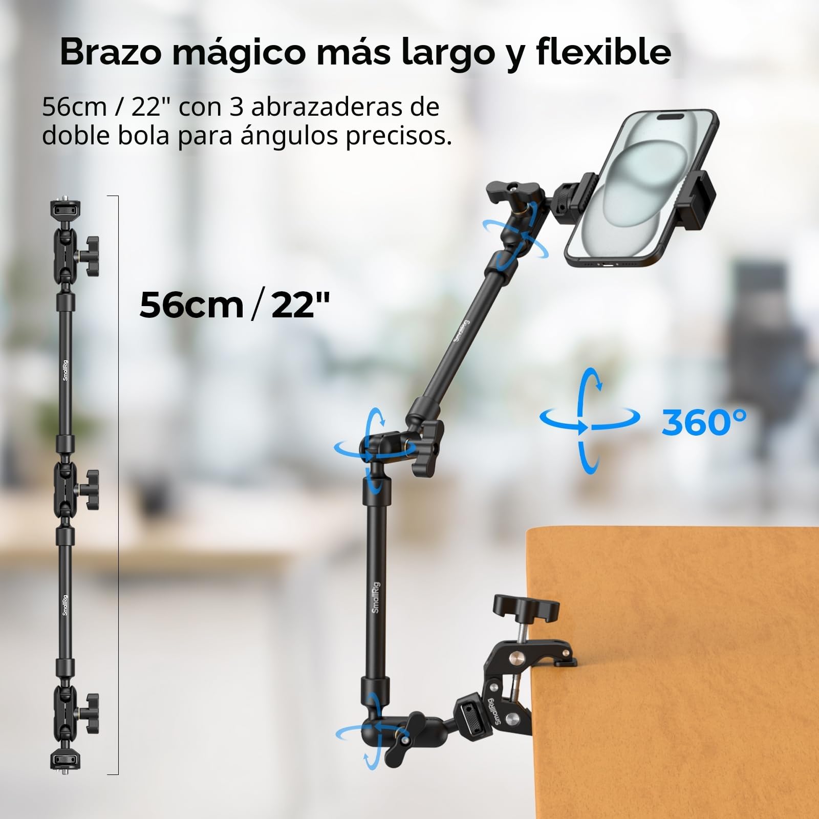 SMALLRIG Brazo Mágico de 22" con Abrazadera, Soporte para Teléfono Adjustable, Soporte Flexible para Cámara de Escritorio y Abrazadera, para Luz, Cámara Web, Micrófono, Cámara de Acción - 4766