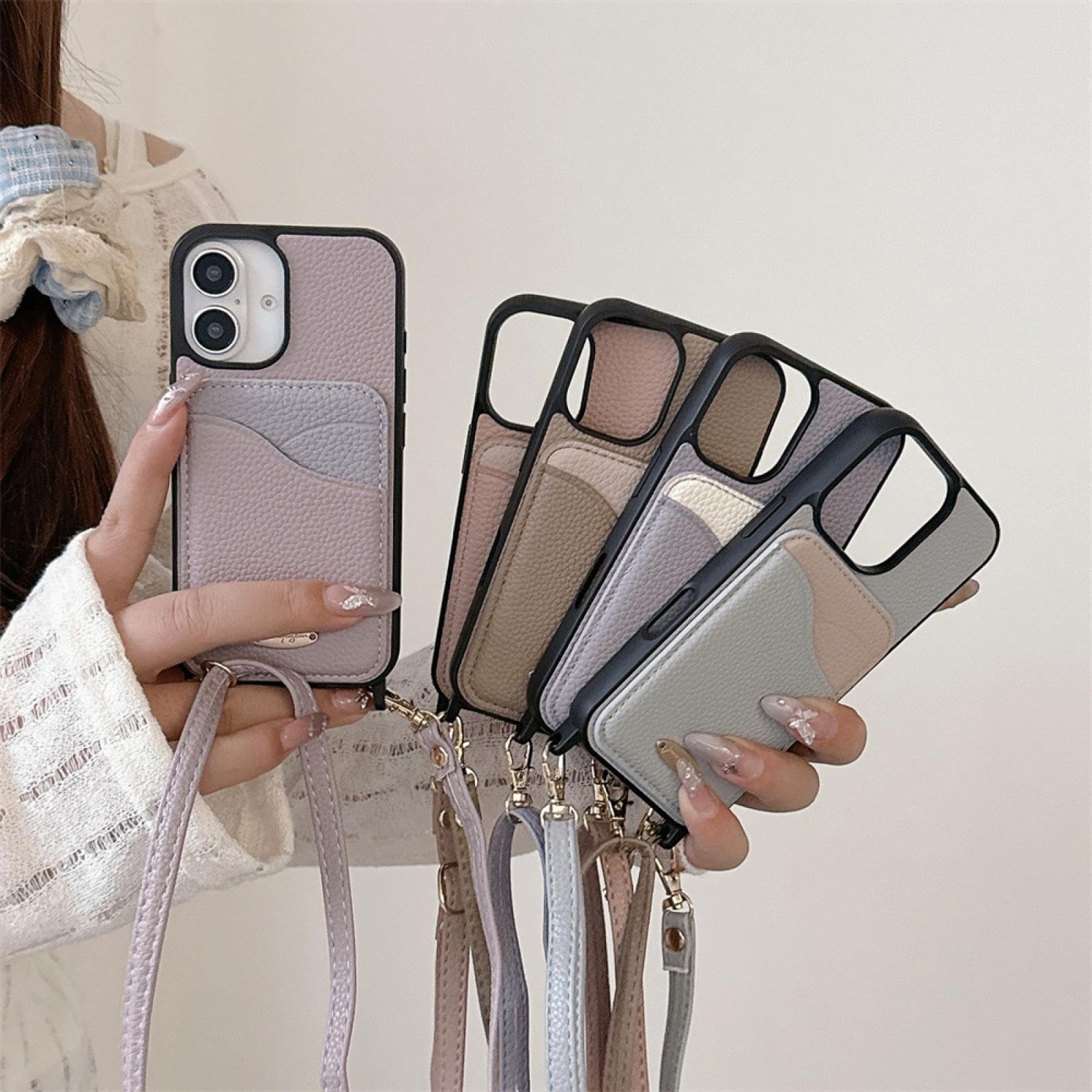 Custodia protettiva in pelle con cordino a tracolla per iPhone 13, con scomparti per carte di credito (per iPhone 13/cachi)