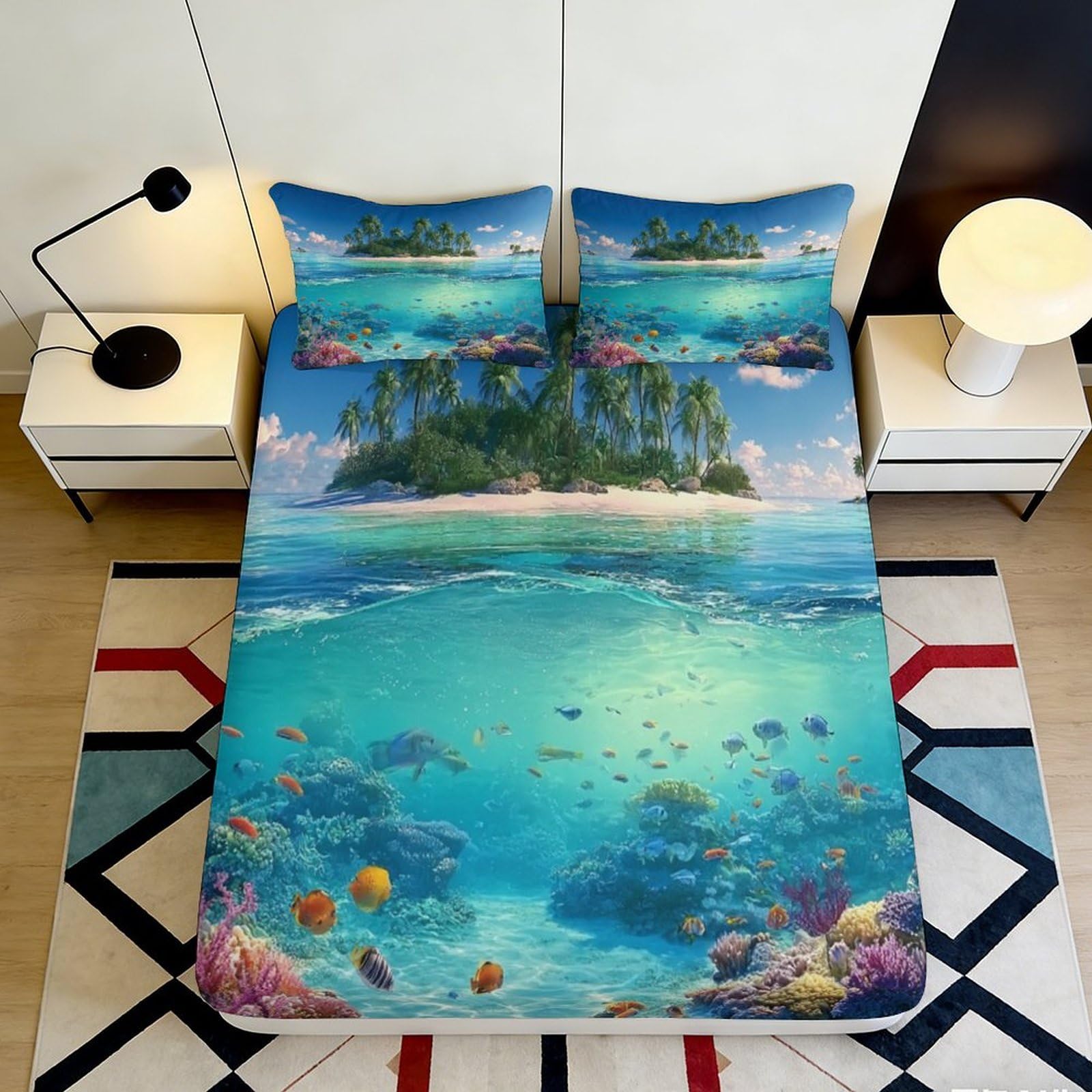 Pnayamiorkfel Style-8 3D Printed Tropical Island Fitted Sheet Microfiber Ocean Coral Reef Mattress Cover Bedroom Decor Anti-Slip Washable 90X200x25cm