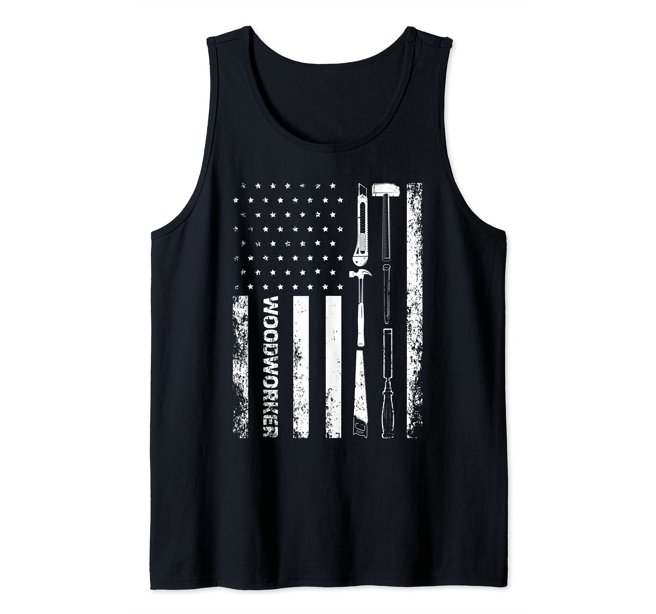 Vintage Woodworking Patriotic American Flag Woodworker Tank Top, Black, S