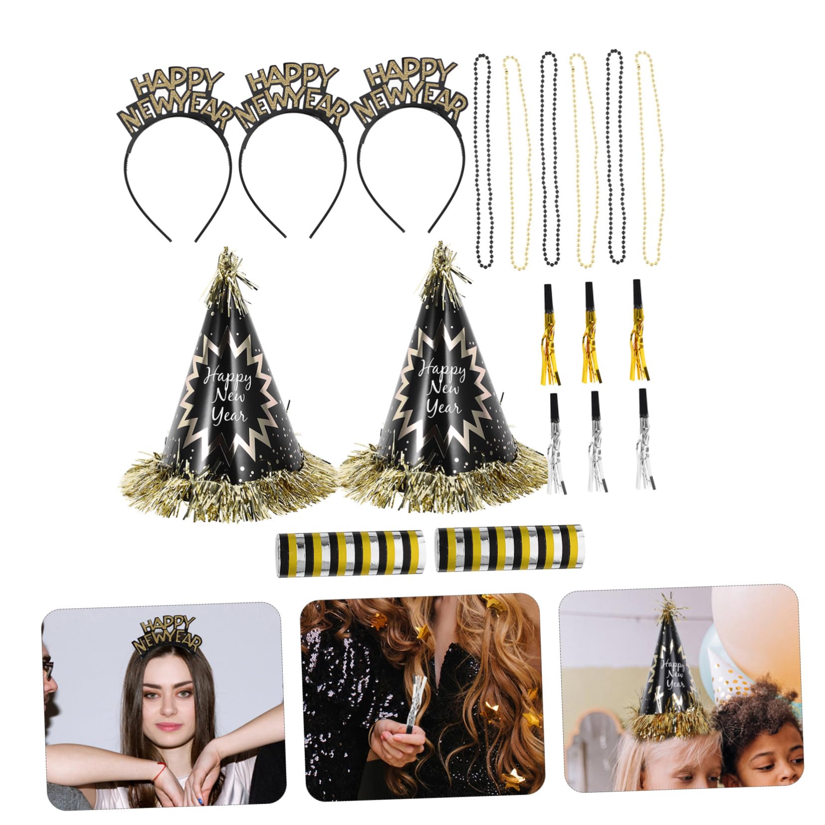 Silvester Partyset Neujahrsdeko mit Papierhüten Kopfband Tröten und Perlenkette Bunte Silvester Partyhüte für Jahreswechsel Vielseitig Einsetzbar für Neujahrsfeiern und Geburtstage