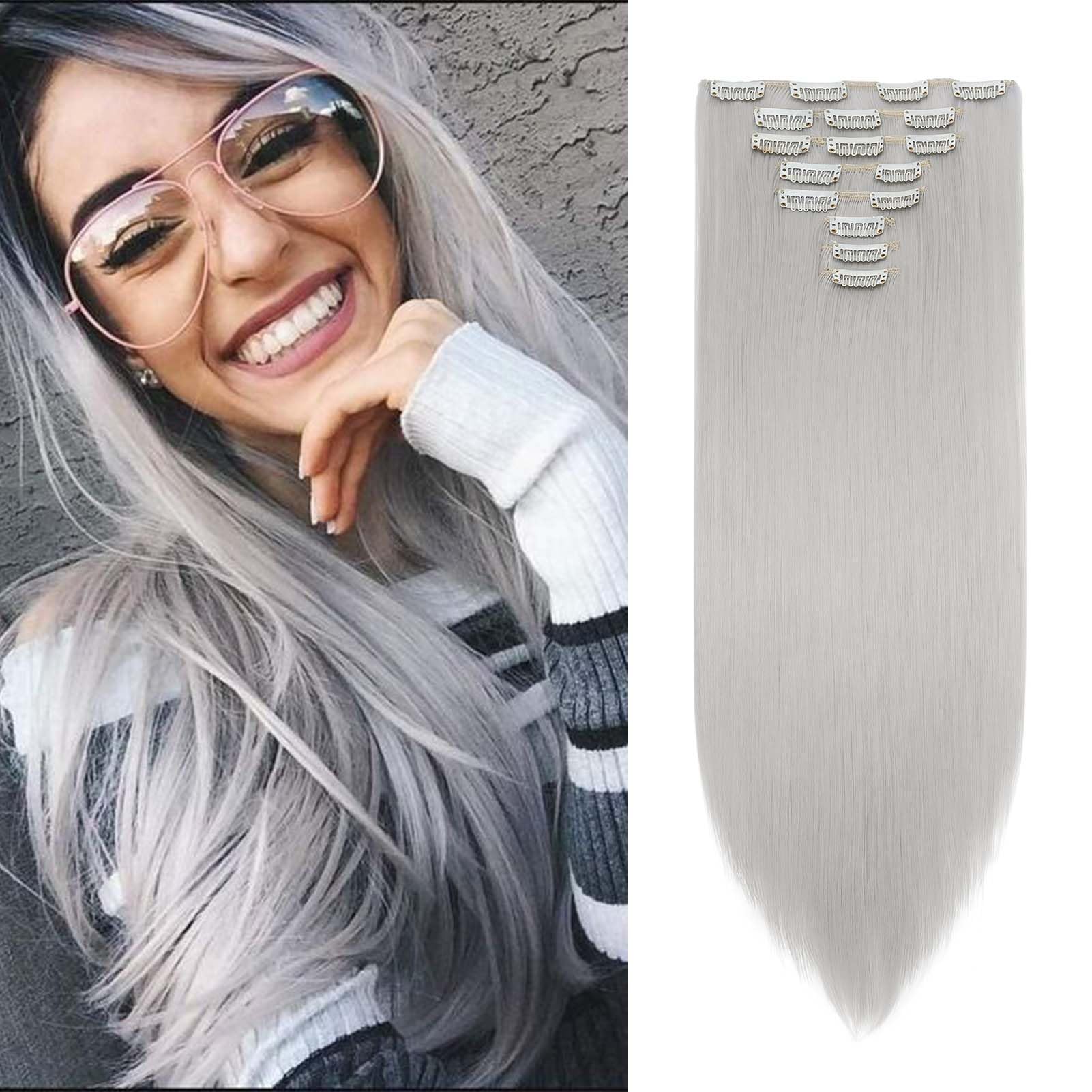 Gairyan 26inch Straight Clip in Hair Extensions Long Full Head Hair Extension 8PCS Synthetic Hairpiece Natural Soft for Women (Light Gray)