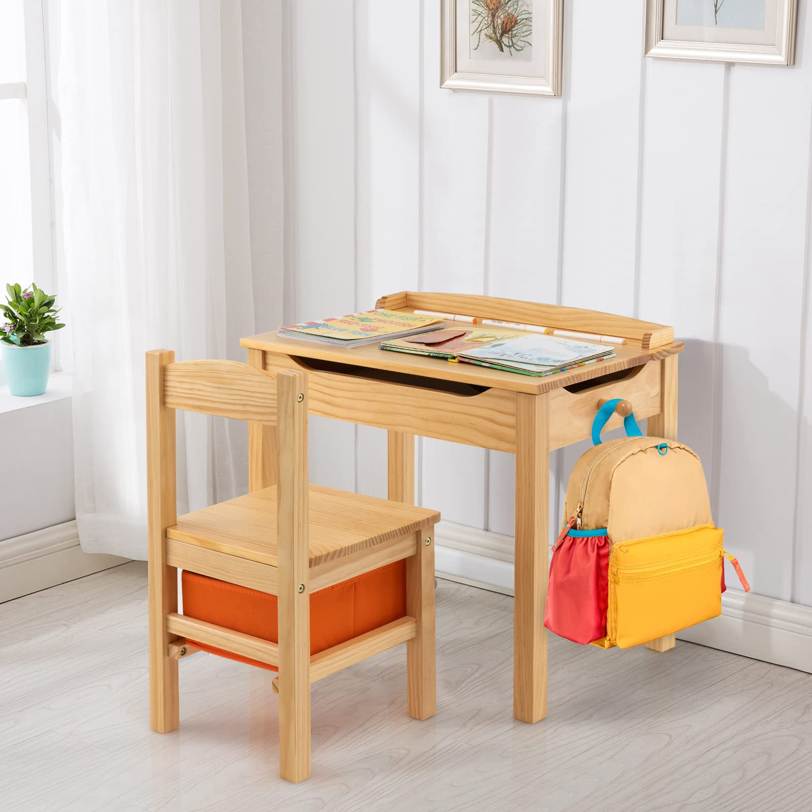 COSTWAY Juego de Mesa y Silla para Niños, Escritorio Infantil con Silla y Tablero Abatible, Juego de Mesa de Actividades de Madera Maciza, Bisagra de Seguridad, Cajón Extraíble (Natural)