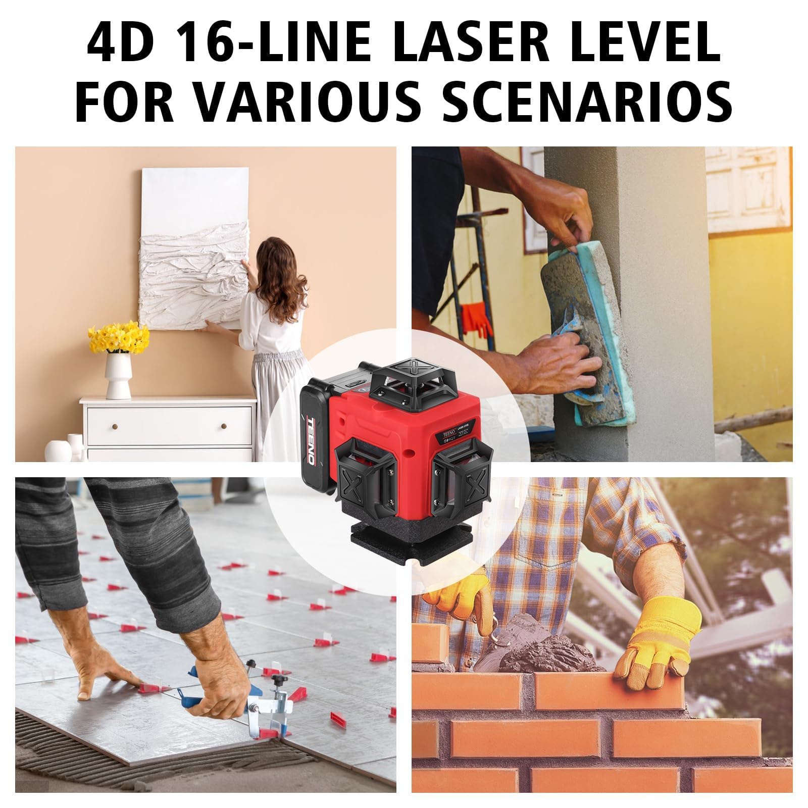 TEENO Rotatif Niveau Laser 360°x4,4D 16 Line Verte, Batterie Rechargeable 4800 mAh x 2, Niveaux Laser avec Télécommande et Trépied, avec Affichage Numérique LCD