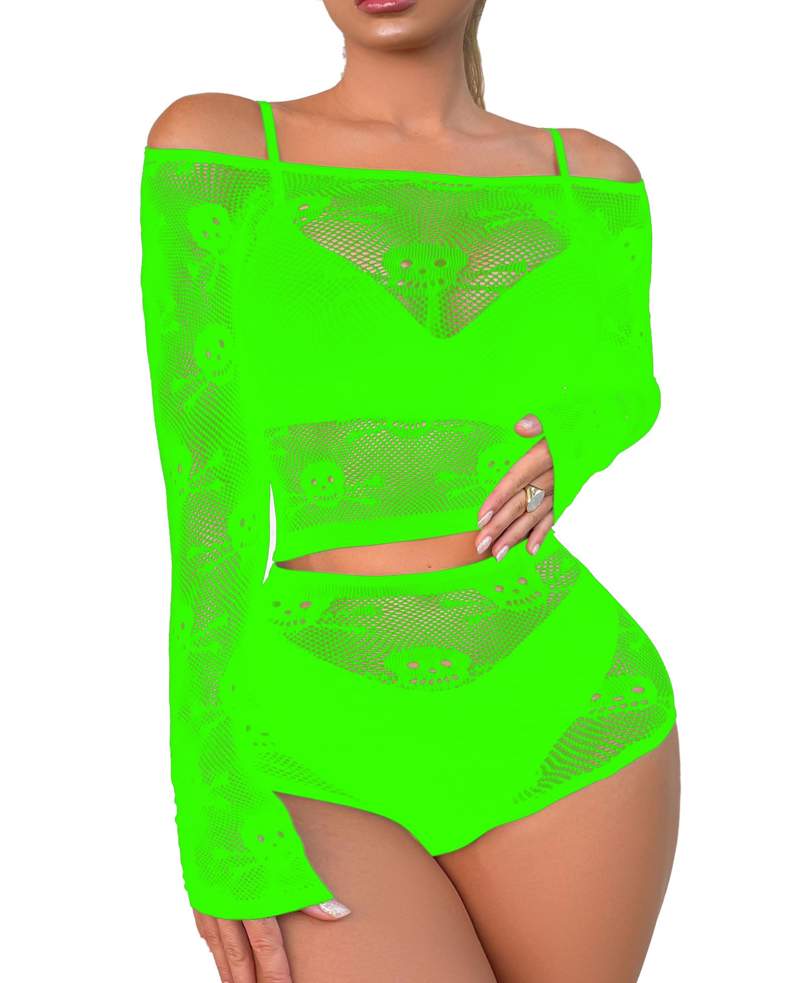 Women Lingerie Set Two Piece Fishnet Sets Skull Top and Panty for Halloween: Green