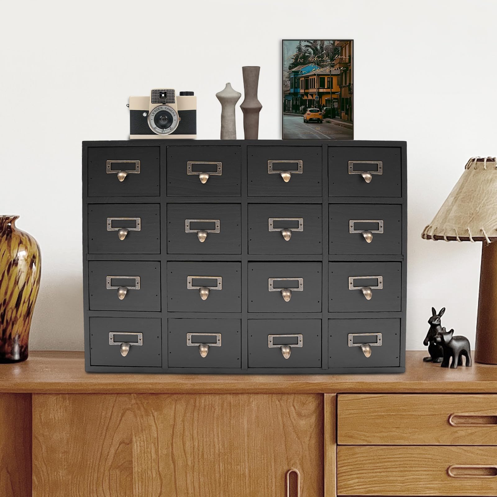 Komoda w stylu vintage z 14 szufladami, szafka z szufladami na biurko z 14 szufladami, stary brąz, mała szafka do przechowywania w stylu retro, organizer do szuflad na artykuły biurowe,