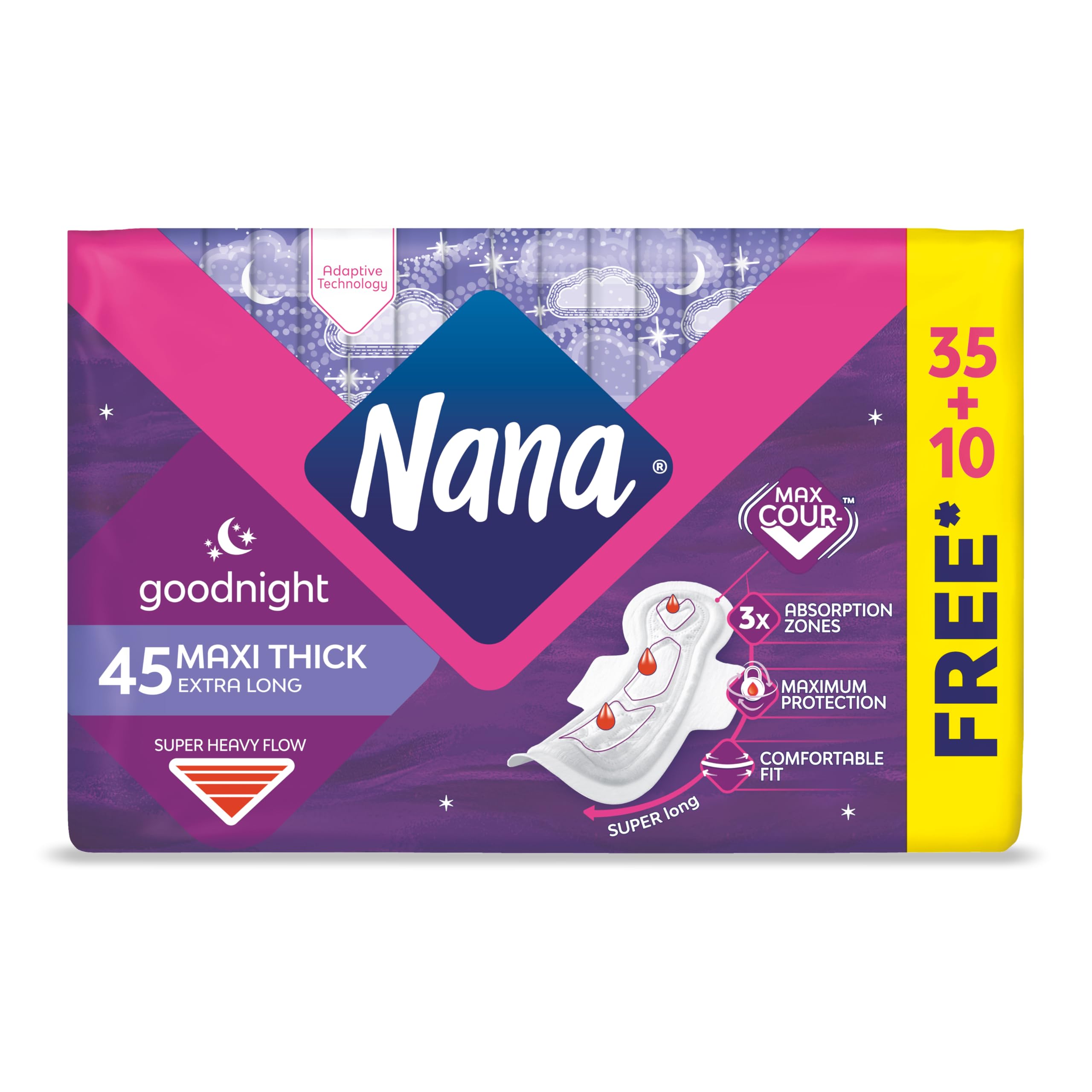 Maxi Thick Goodnight Sanitary Pads Night Time, Super Heavy Flow, Maximum Absorption, Gentle on the skin - 45 Pads