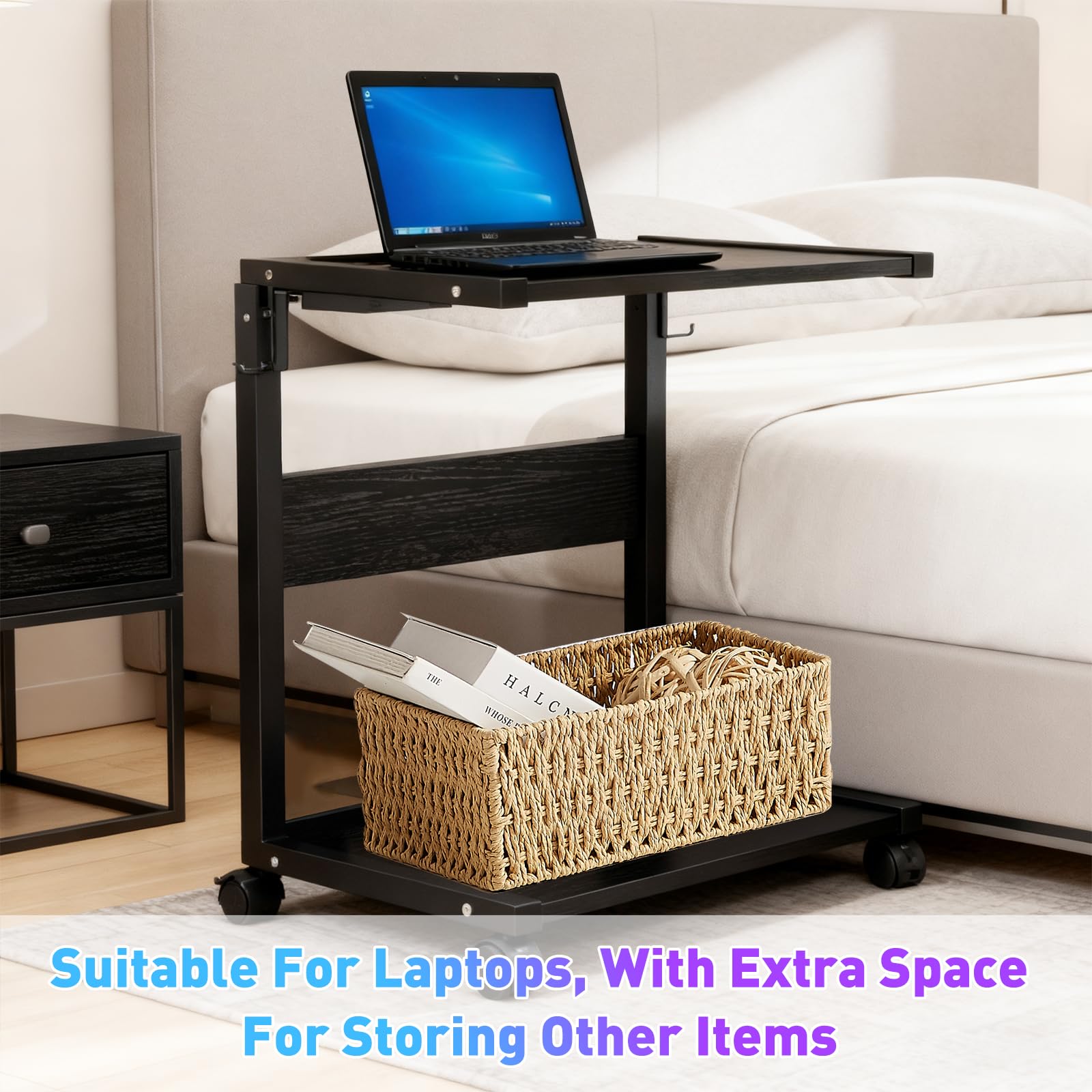 Soporte Torre PC con Ruedas, Soporte para Impresora Ajustable en Altura, Mueble para Torre Ordenador de Sobremesa con 4 Ganchos, para Bajo Mesa (58.5-72 cm)