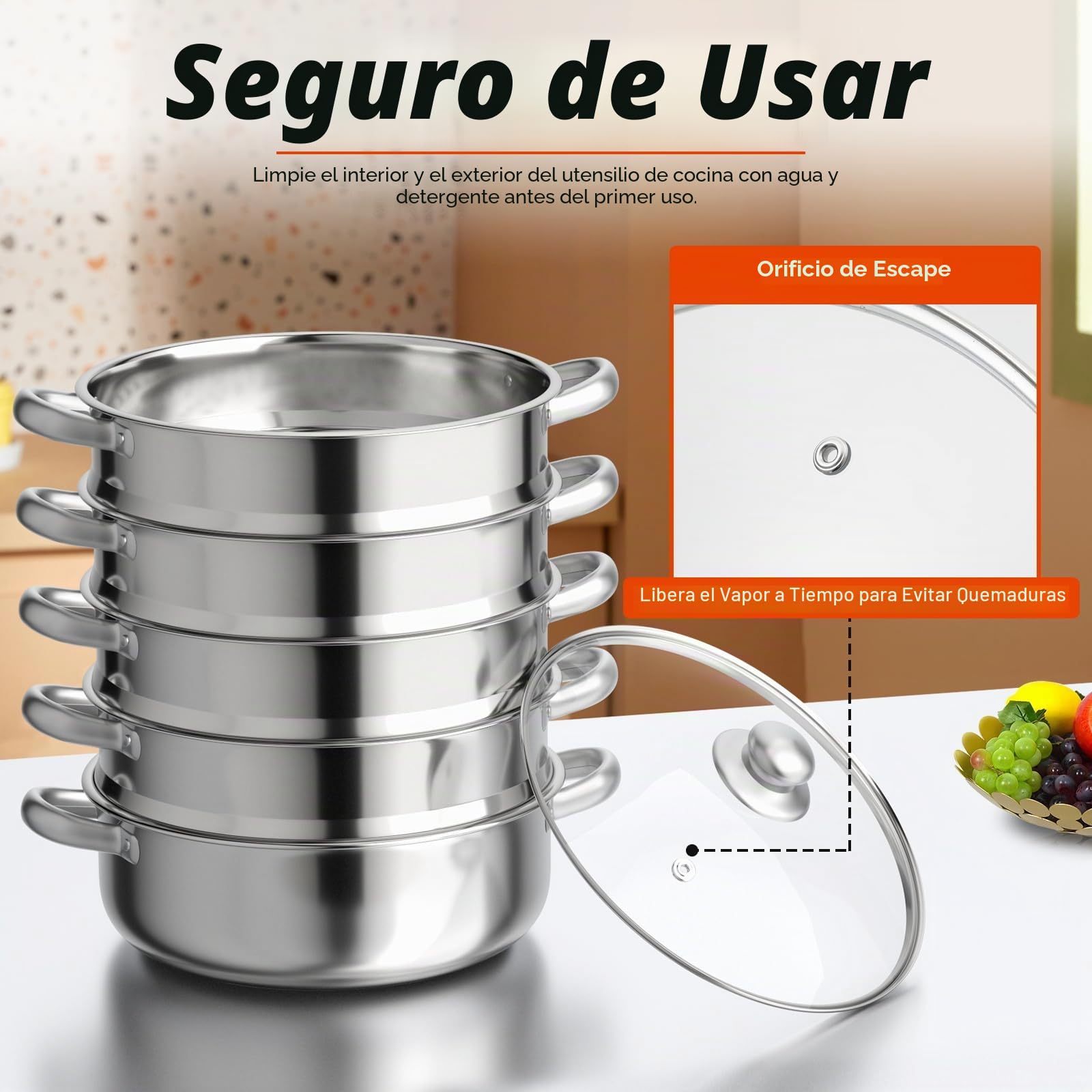 Olla de vapor con 5 niveles de acero inoxidable, 26/28/30 cm de acero inoxidable con tapa de cristal y dos compartimentos de vapor, mango engrosado, compatible con mayoría placas de cocción (30cm)