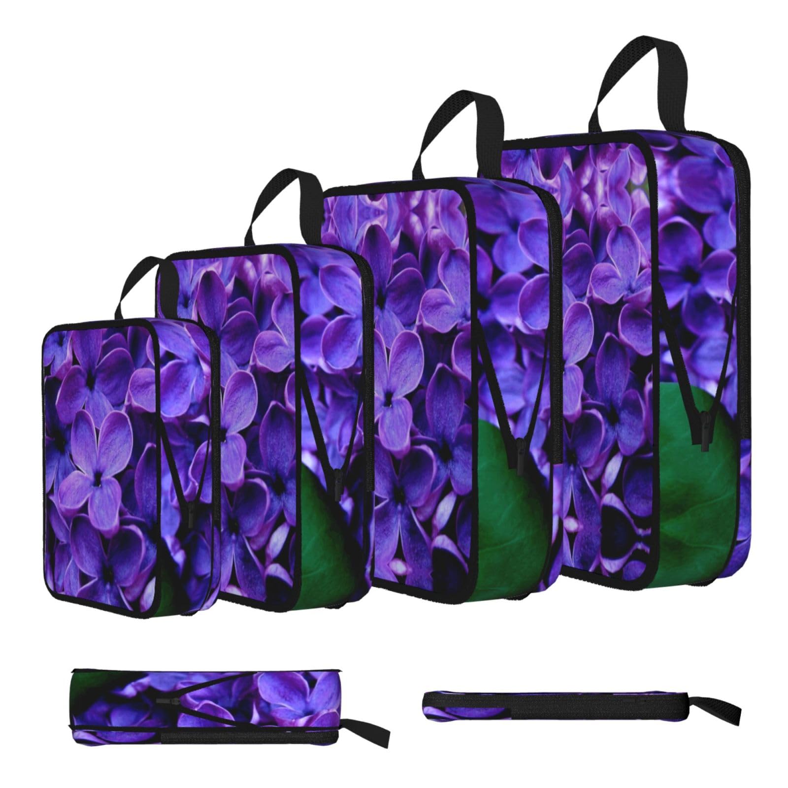 Purple Floral Print 4 Set Compression Packing Cubes For Suitcases,Expandable Storage Bags Organizers