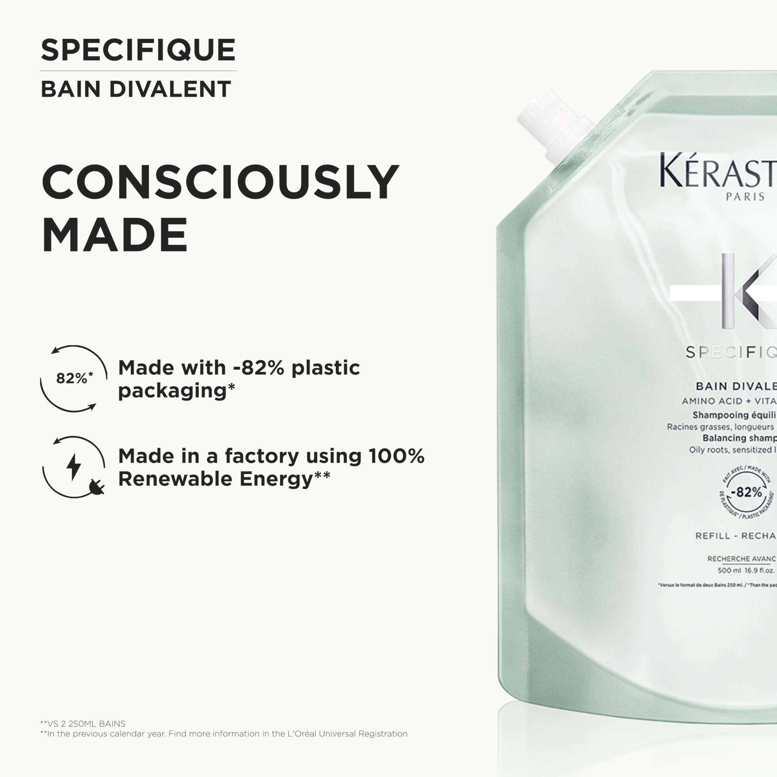Champú Kérastase para cuero cabelludo graso y puntas maltratadas, baño capilar equilibrante y purificante, Bain Divalent, Spécifique, recarga, 500 ml