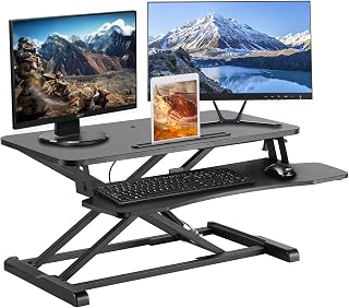 PrimeCables Height Adjustable Desk, Power Motor Button Touch Sit to Stand Desk Riser Fits Single/Dual Monitor (Black, Manual)