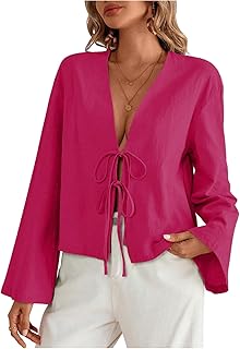 GORGLITTER Women's Bow Tie Front Deep V Neck Blouses Long Sleeve Loose Casual Shirt Tops