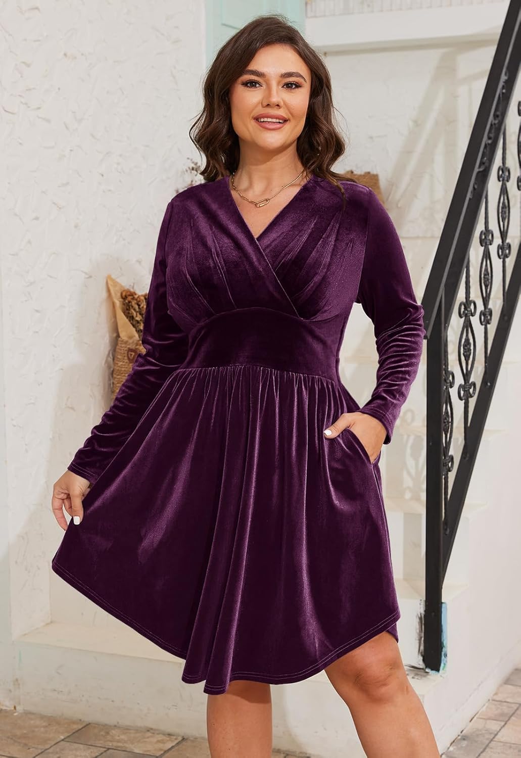 Women’s Plus Size V Neck Velvet Dress Long Sleeve Wrap Empire Waist Midi Dress for Wedding Guest - Image 5