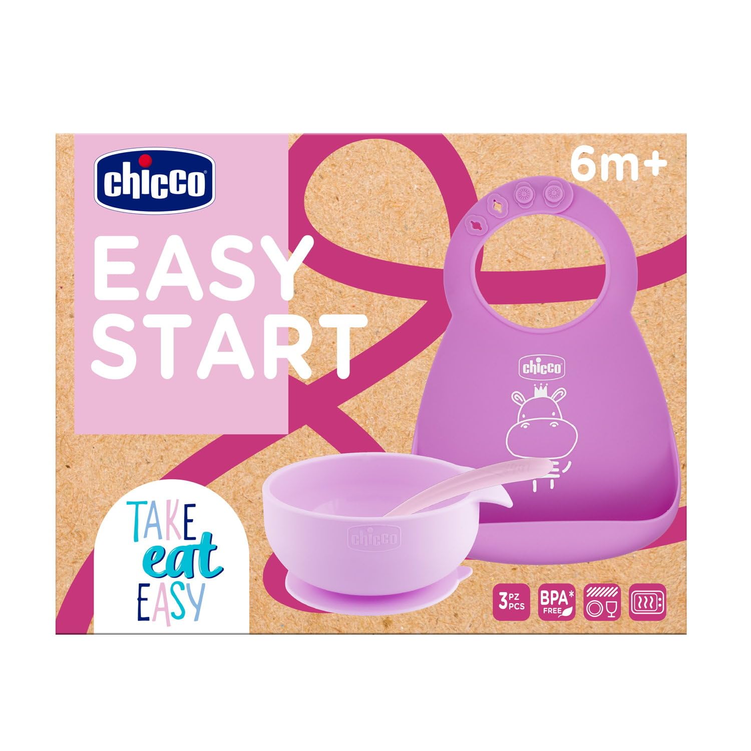 Chicco Set Pappa Silicone Easy Start, Set Pappa Bambino Antiscivolo, Senza BPA, Set Svezzamento 3 Pezzi Composto Da Bavaglino Rigido Easy Roll, Ciotola Easy Con Ventosa e Cucchiaino, 6M+, Rosa