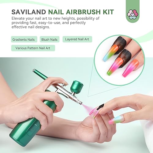 Vista 2 de SAVILAND Kit de aerógrafo para uñas: Kit de aerógrafo profesional inalámbrico portátil, rápido, maquillaje, esmalte de uñas, suministros de uñas