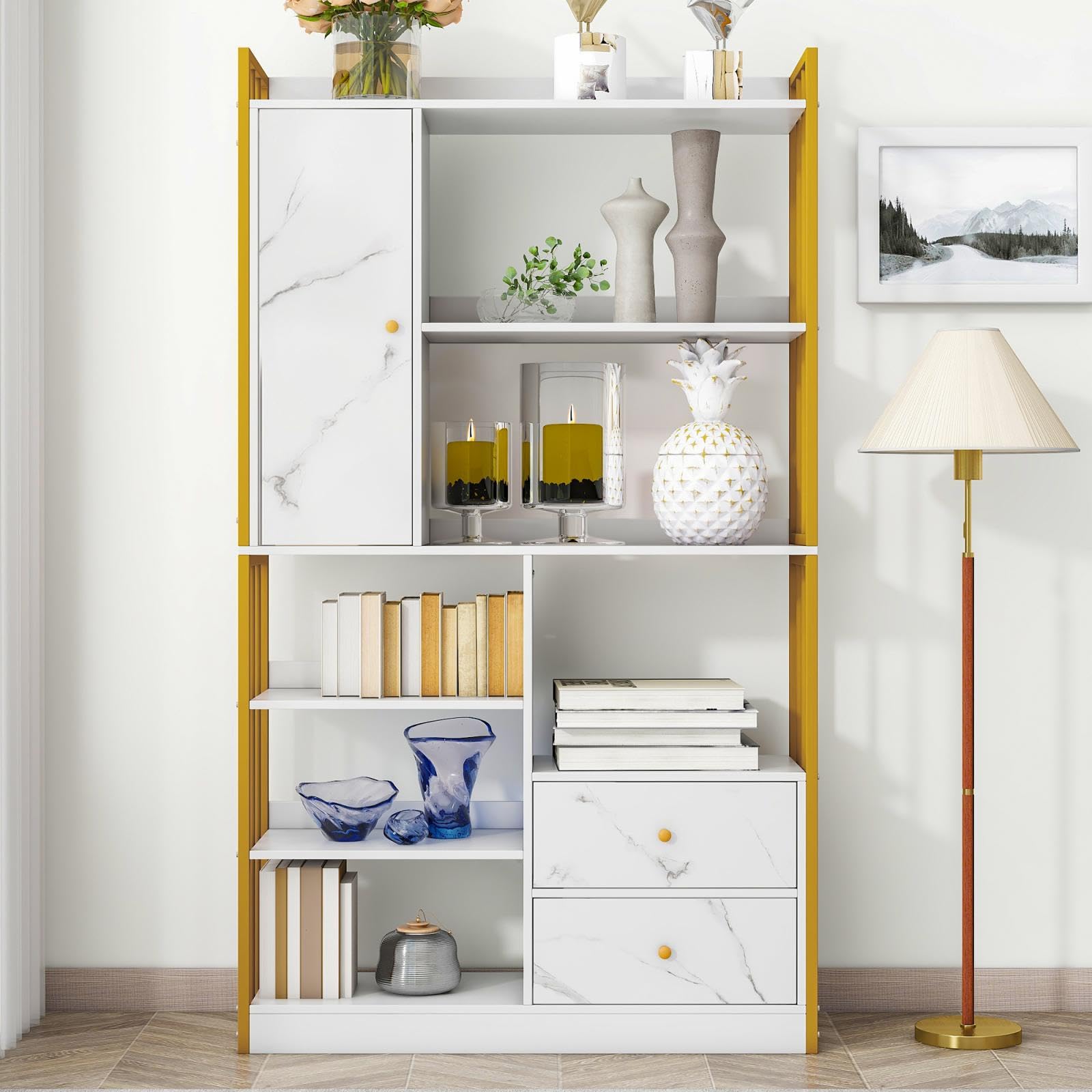 KOMHTOM Libreria con 1 anta e 2 cassetti, libreria, mobile di stoccaggio, scaffali per soggiorno, camera da letto, balcone, cucina (oro+bianco)