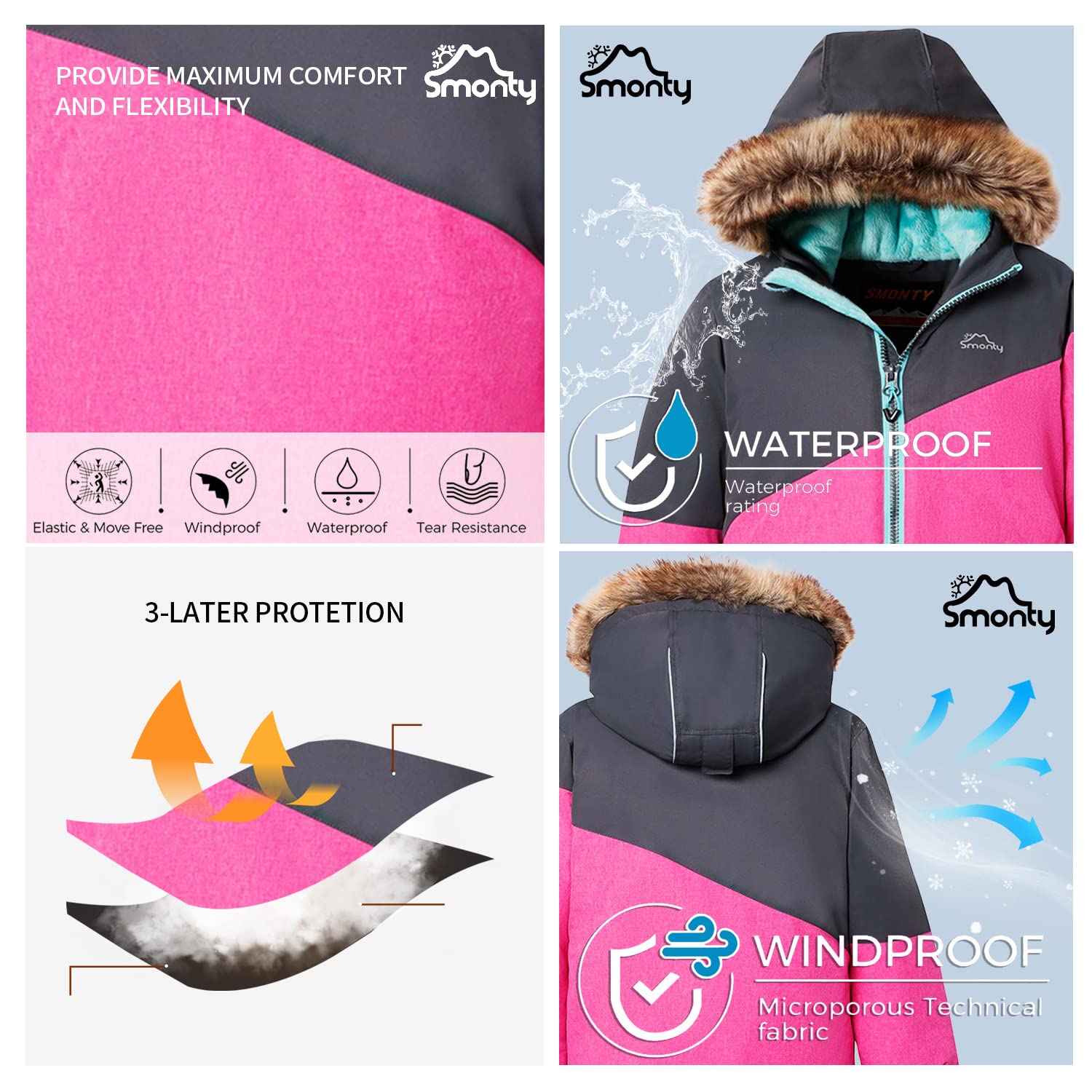 SMONTY Traje de nieve para niños para niñas Conjunto de chaqueta y pantalones de esquí de invierno Conjunto de correas con capucha A prueba de viento Impermeable Cálido (3-4, Gris Rosa)