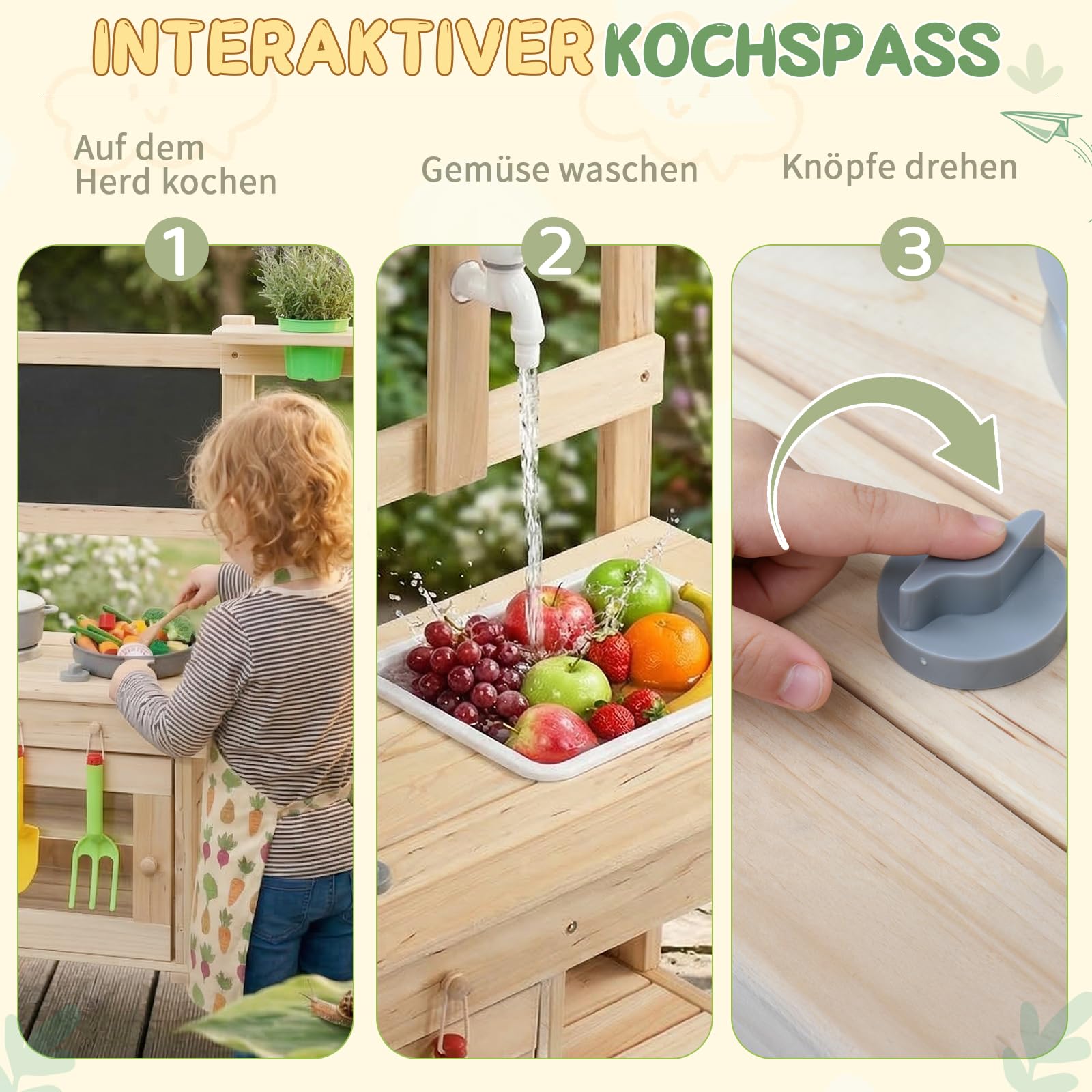 LEADZM Spielküche Gartenspielküche Matschküche Kinder Outdoor mit Spüle, Blumentopf, Wasserhahn, Kinderküche mit Herd und Tafel, geeignet für Kinder ab 6 Jahren, Naturholzfarbe