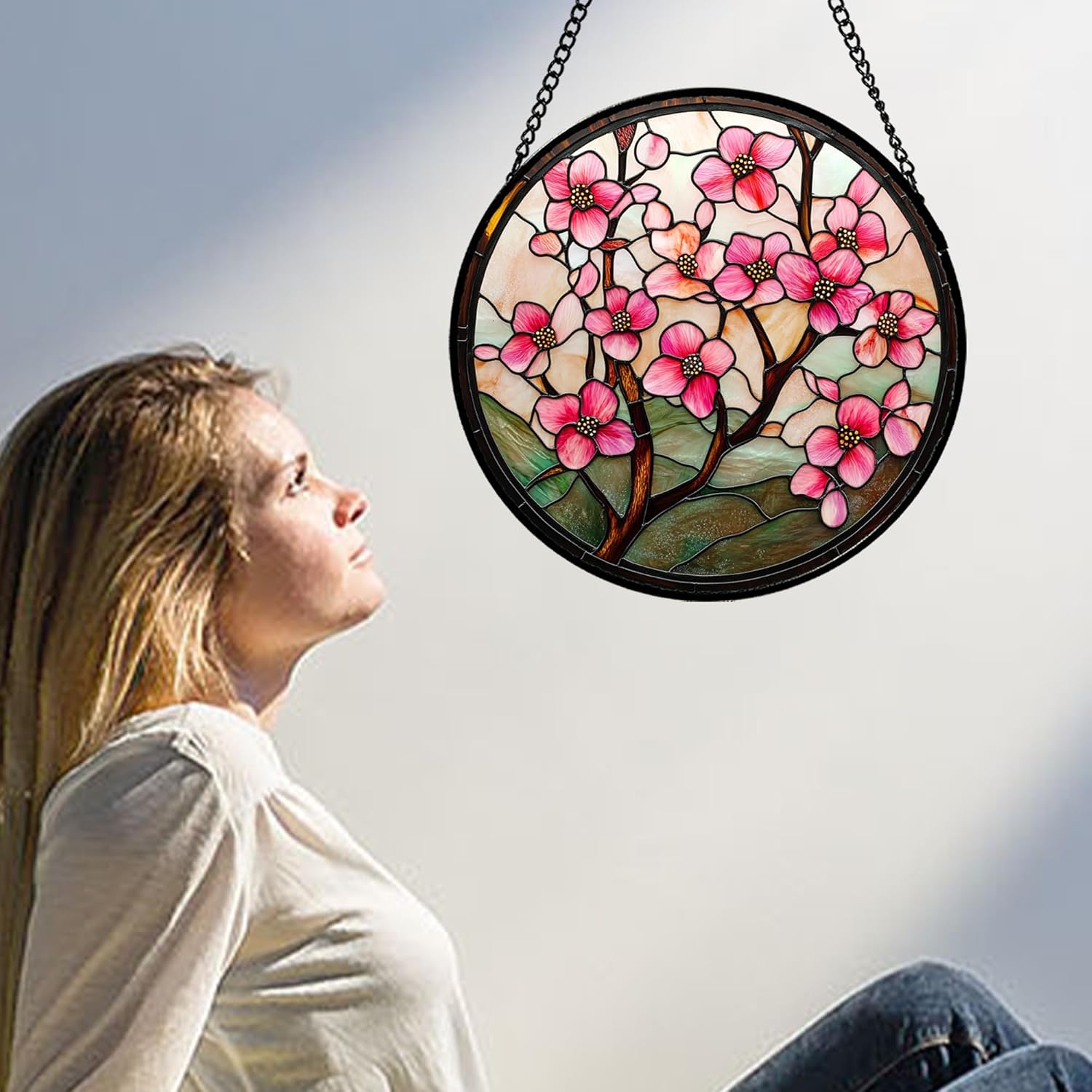 Stained Glass Window Hanging - Pink Cherry Blossoms Flower Suncatcher for Door Garden Yard Sun Catchers Decor Christmas Mother's Day Birthday Gifts for Teacher Women Mom Nana Wife 15 in