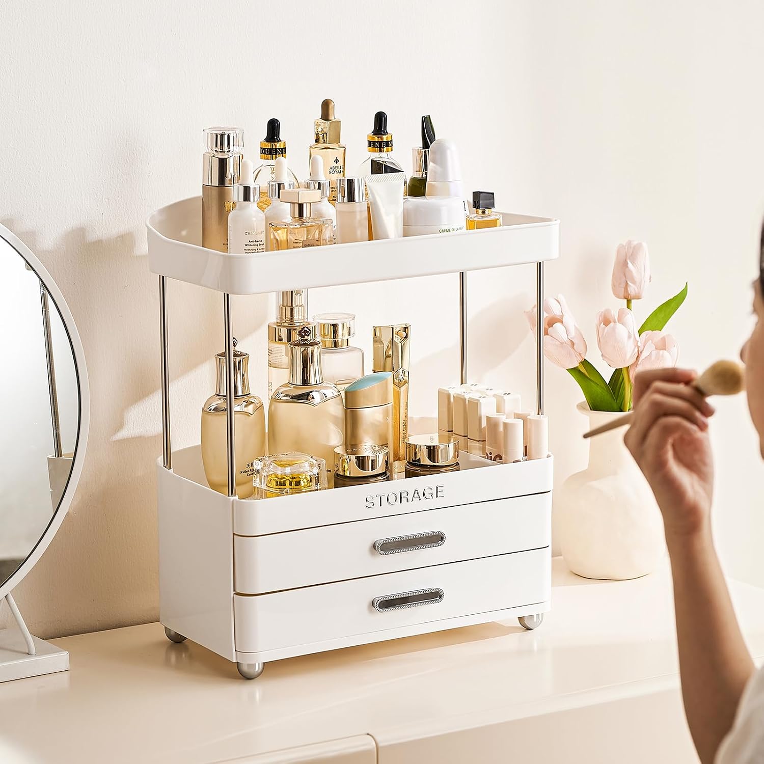 UFORU Bathroom Organizers and Storage | 2-Tier 2-Drawer Makeup Organizer Countertop, Easy to Install & Multi-Purpose - Counter & Sink Storage Shelf for Vanity, Skincare, Perfume, Present, and More