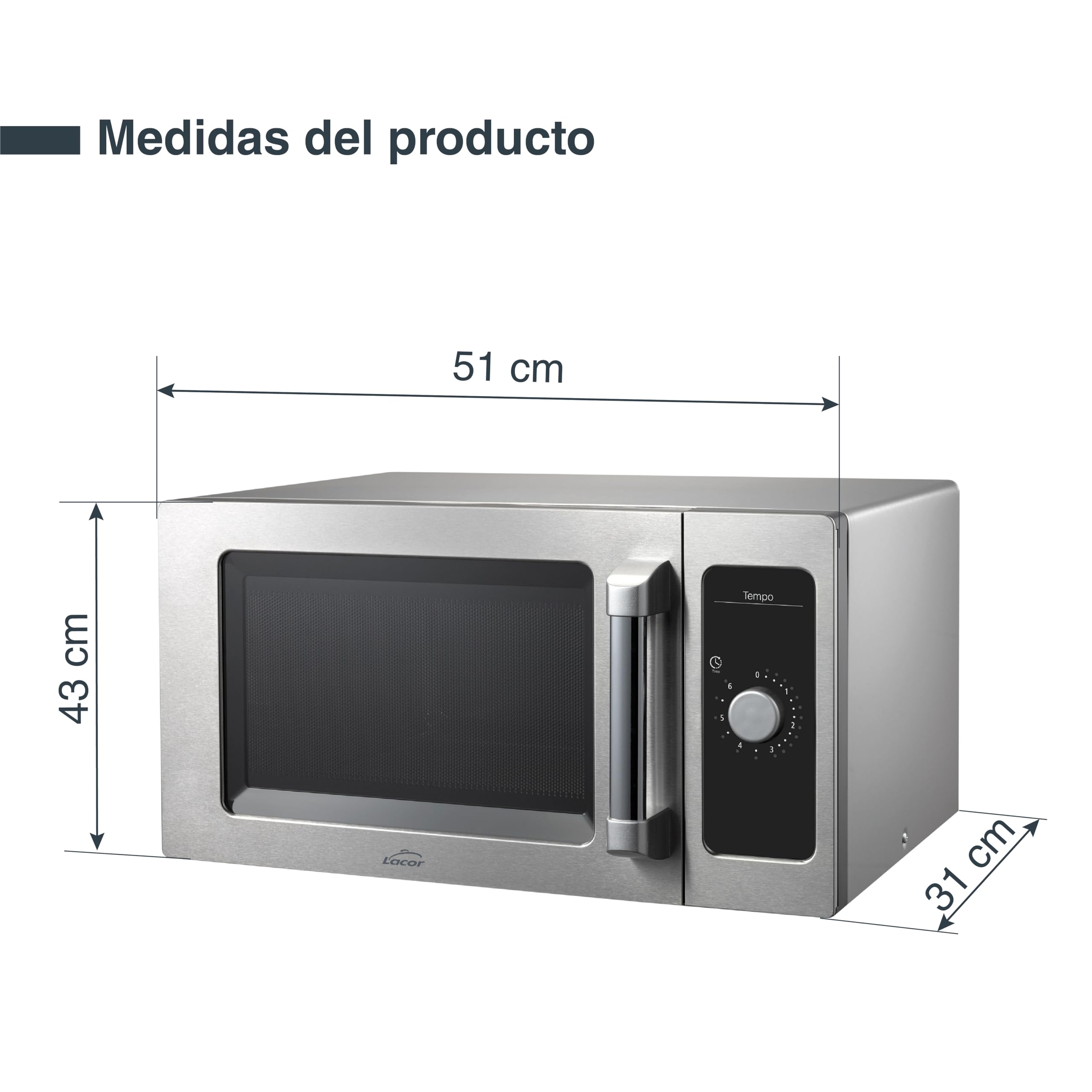 Lacor - 69329 - Microondas Tempo, Acero Inoxidable 18/10, Calentamiento Homogéneo, 1550 W, Uso Profesional, Cavidad Interior de Acero Inoxidable, Apto para Platos Grandes, 51x43x31 cm