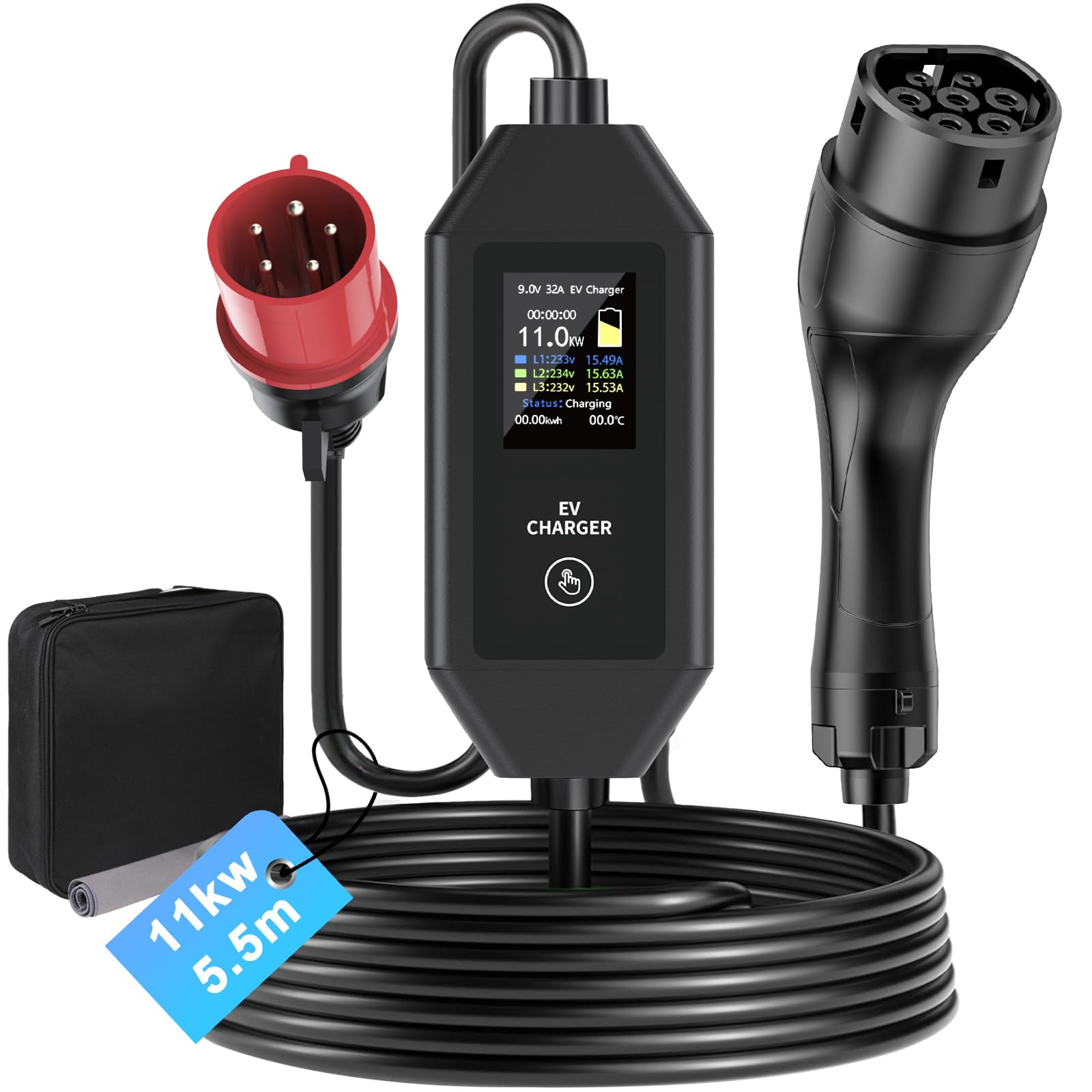 Mobile Wallbox 11kW Typ 2 Ladekabel,6-32 A einstellbar,mit LCD（11kW 5M）