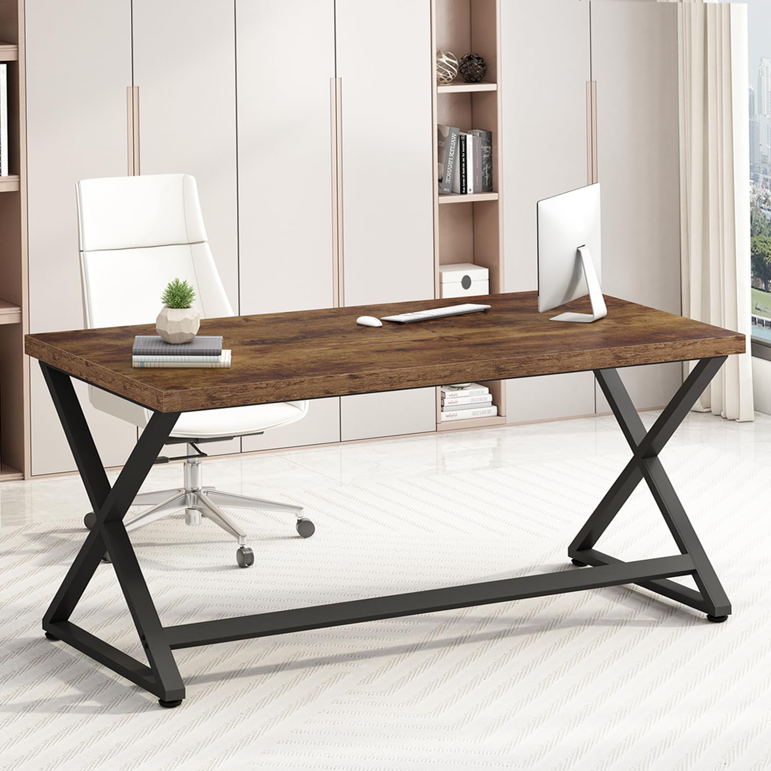 IBF 55 inch Computer Desk, Farmhouse Home Office Desk, Industrial Wood Metal Legs Work Desk for Writing Study, Vintage Minimalist Laptop Executive