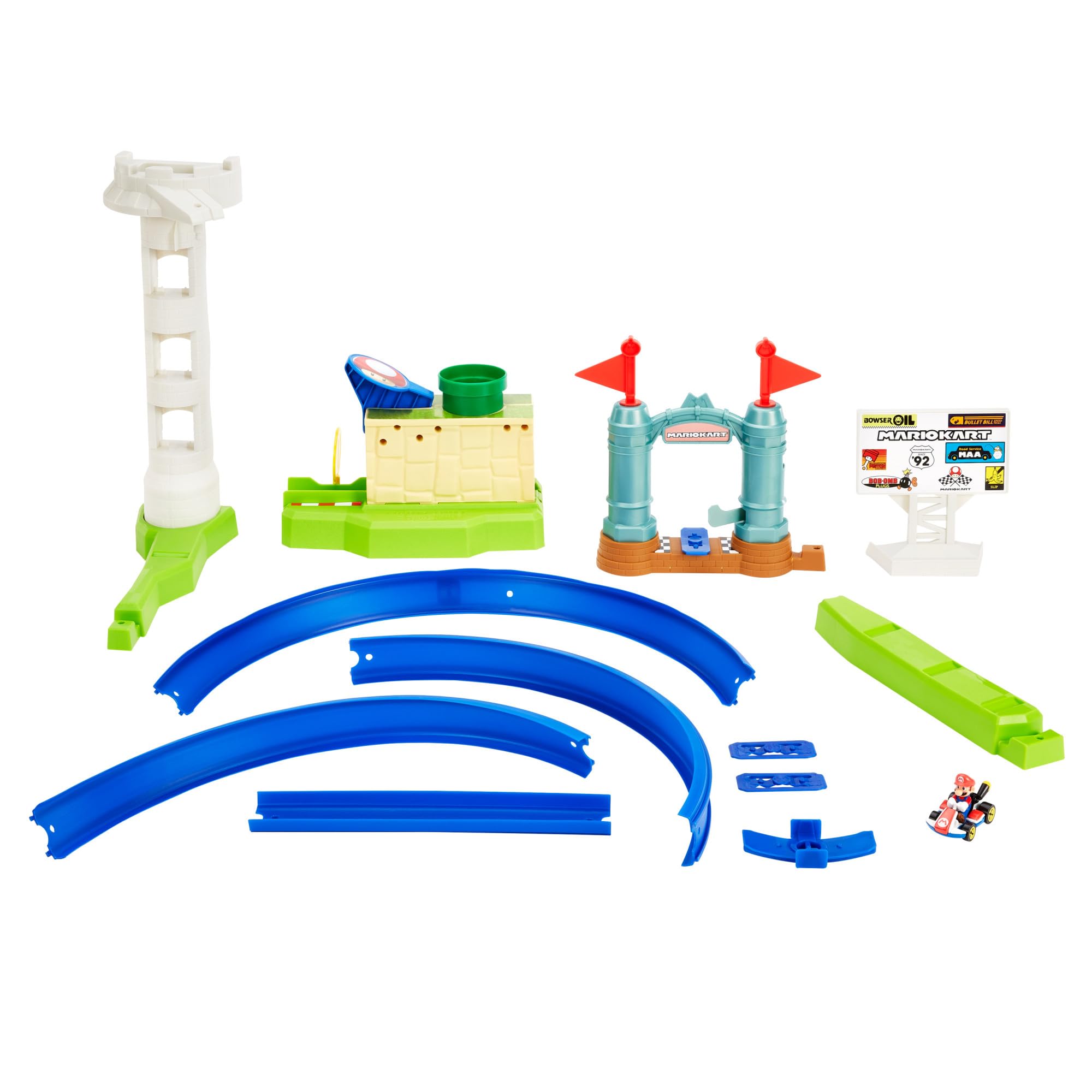 Hot Wheels Mario Kart - Sfida in Circuito, pista ispirata al videogioco con Kart di Mario incluso, lanciatore per farlo sfrecciare tra curve e ostacoli e torre per il parcheggio, HGK59