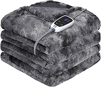 Sealy Faux Fur Heated Throw Electric Blanket 50x60 Grey - 6 Heat Levels, Fast Heating to 113°F, 2-10HR Auto Off, ETL Certified
