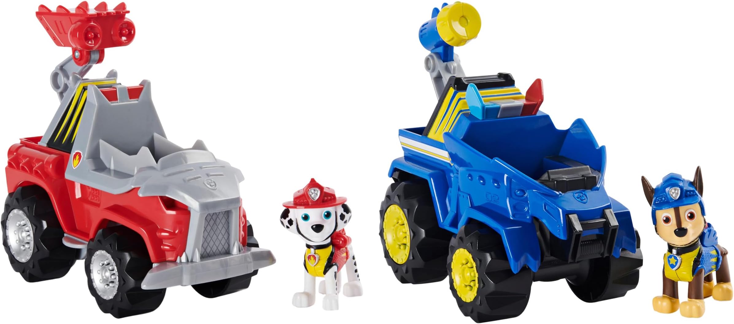 PAW PATROL, Dino Rescue Chase’s Deluxe Rev Up Vehicle with Mystery Dinosaur Figure &, Dino Rescue Marshall’s Deluxe Rev Up Vehicle with Mystery Dinosaur Figure