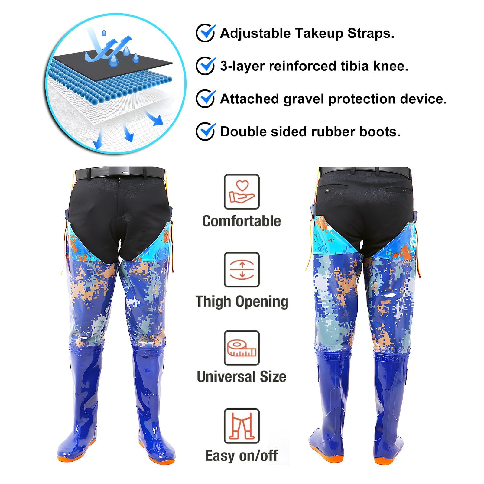 Hip Waders Wodery Wędkarskie Blue Camo, Odporne Na Olej, Z Mocniejszym Uchwytem, ​​do Brodzenia I Wydobywania Piasku