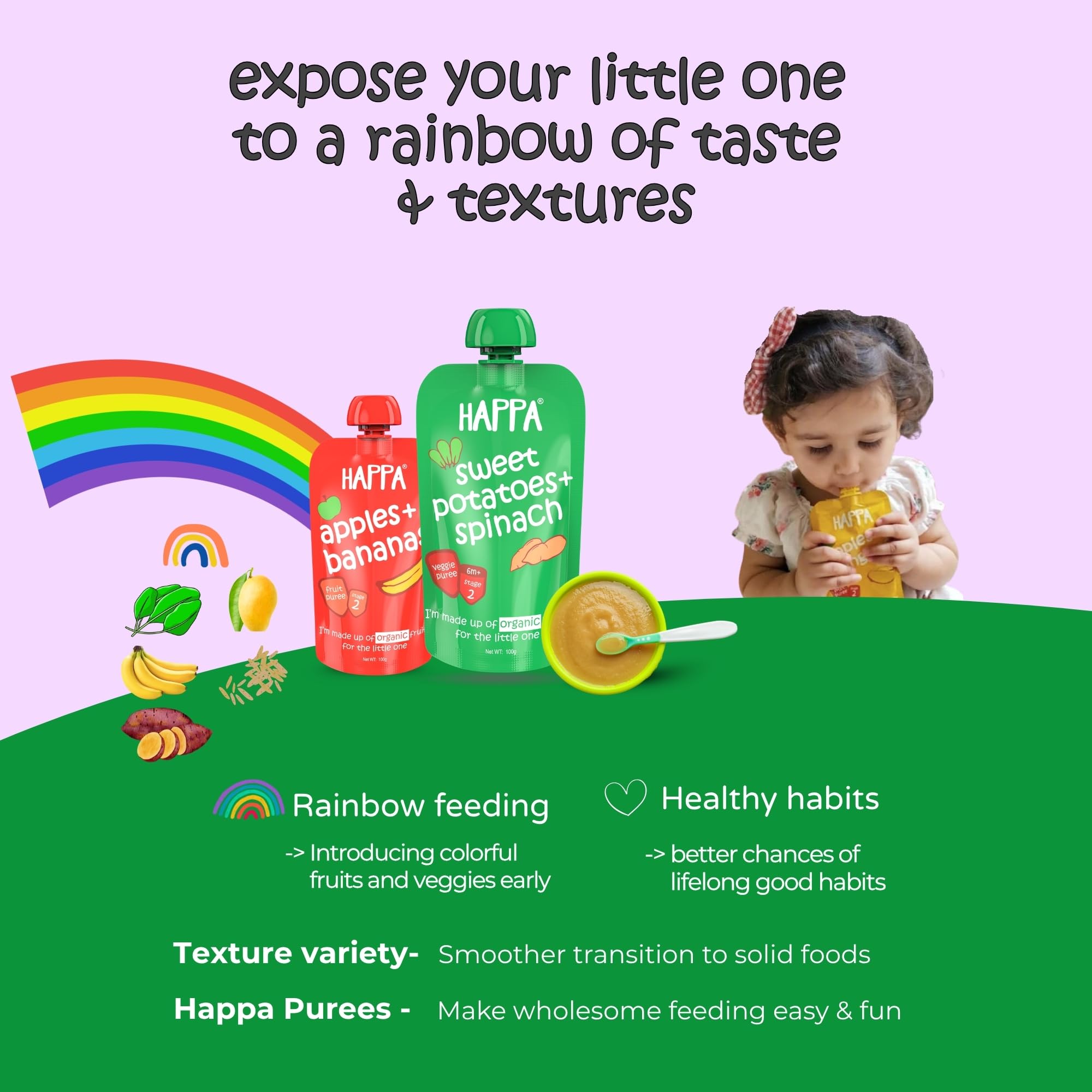 Happa Organic Baby Food Sweet Potato Mango and Pear Puree | 100% Fruits and Vegetables | No Added Sugar, No Milk Powder, No Preservatives | Stage 3 (8 Months+) | Ready to Eat | Free from Common Allergens | Pack of 1 (100g Each) 1