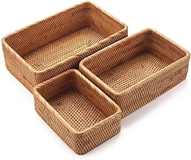 Natural Rattan Storage Basket Set of 3 - Rectangular Woven Organizer