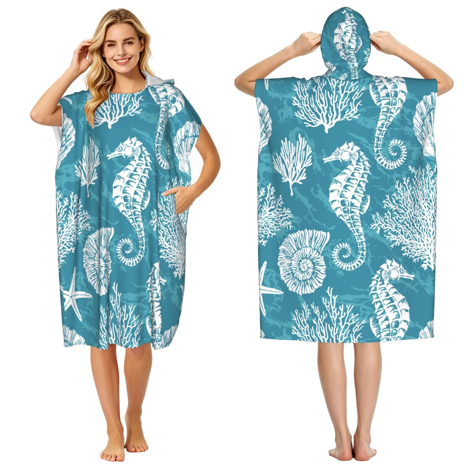 Poadnly Sea Shells Seahorse Coral, Adult Hooded Beach Towel 90 x 110 cm,Changing Bath Robe, Surf Poncho Towel For Women Men