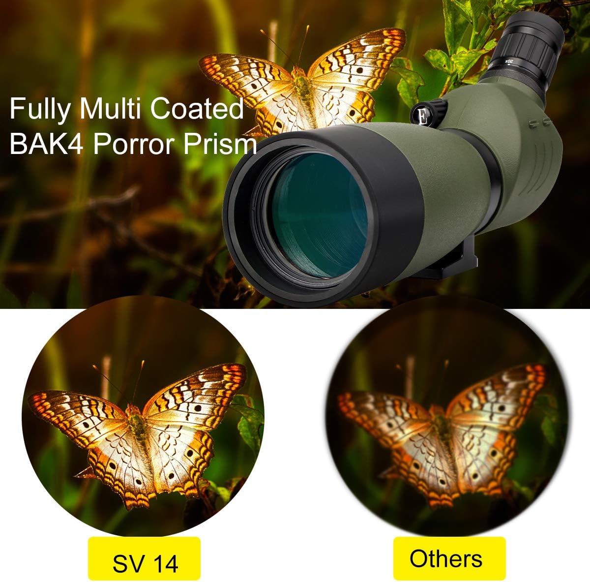 Comparison of image clarity between Svbony SV14 with fully multi-coated BAK4 Porro prism and another scope, showing superior brightness and detail.