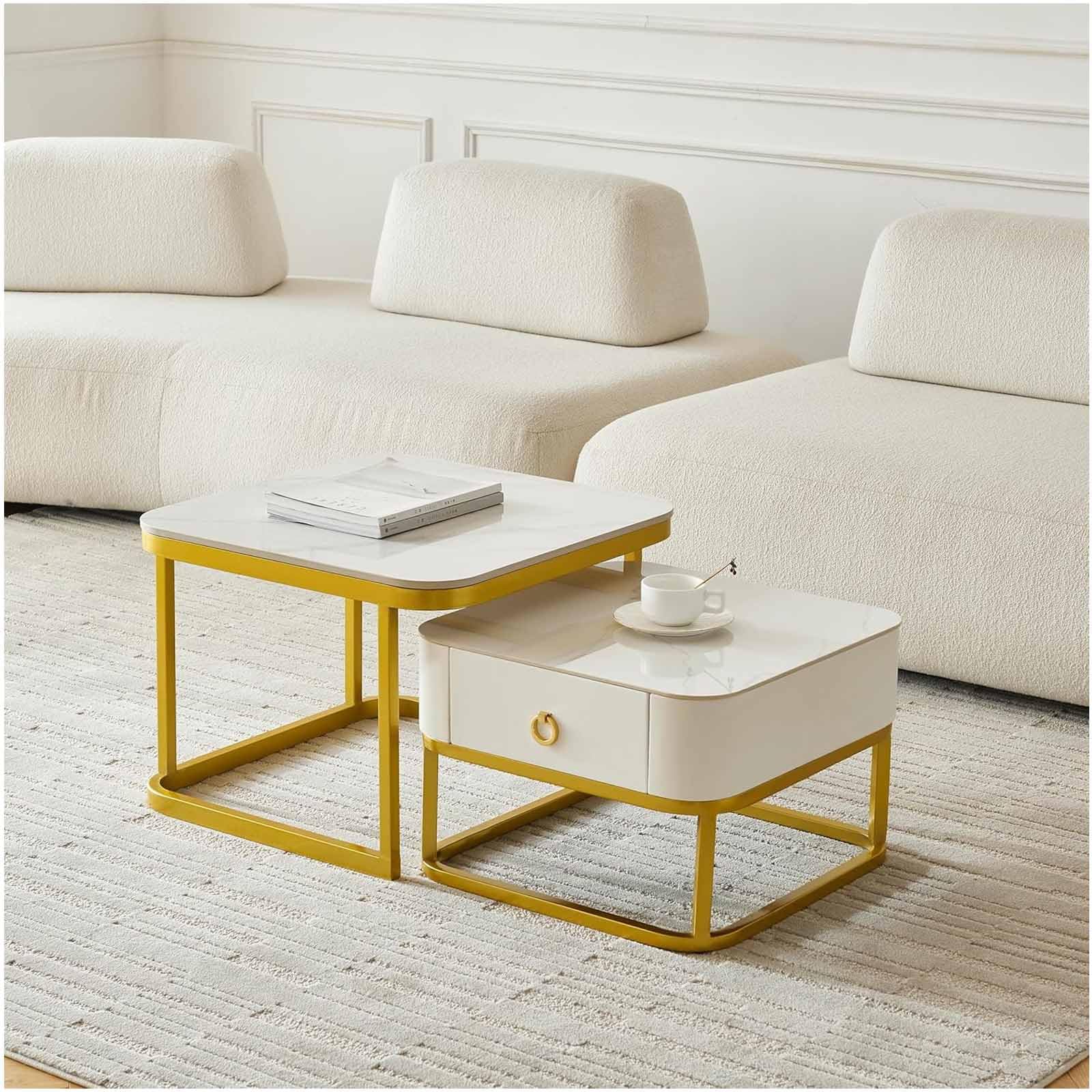 SXZenSpace Nesting Coffee Table Set of 2, Modern Square Stacking Tables with Drawer, Sintered Stone Top Metal Frame End Side Center for Living Room, Apartment, Small Space,White