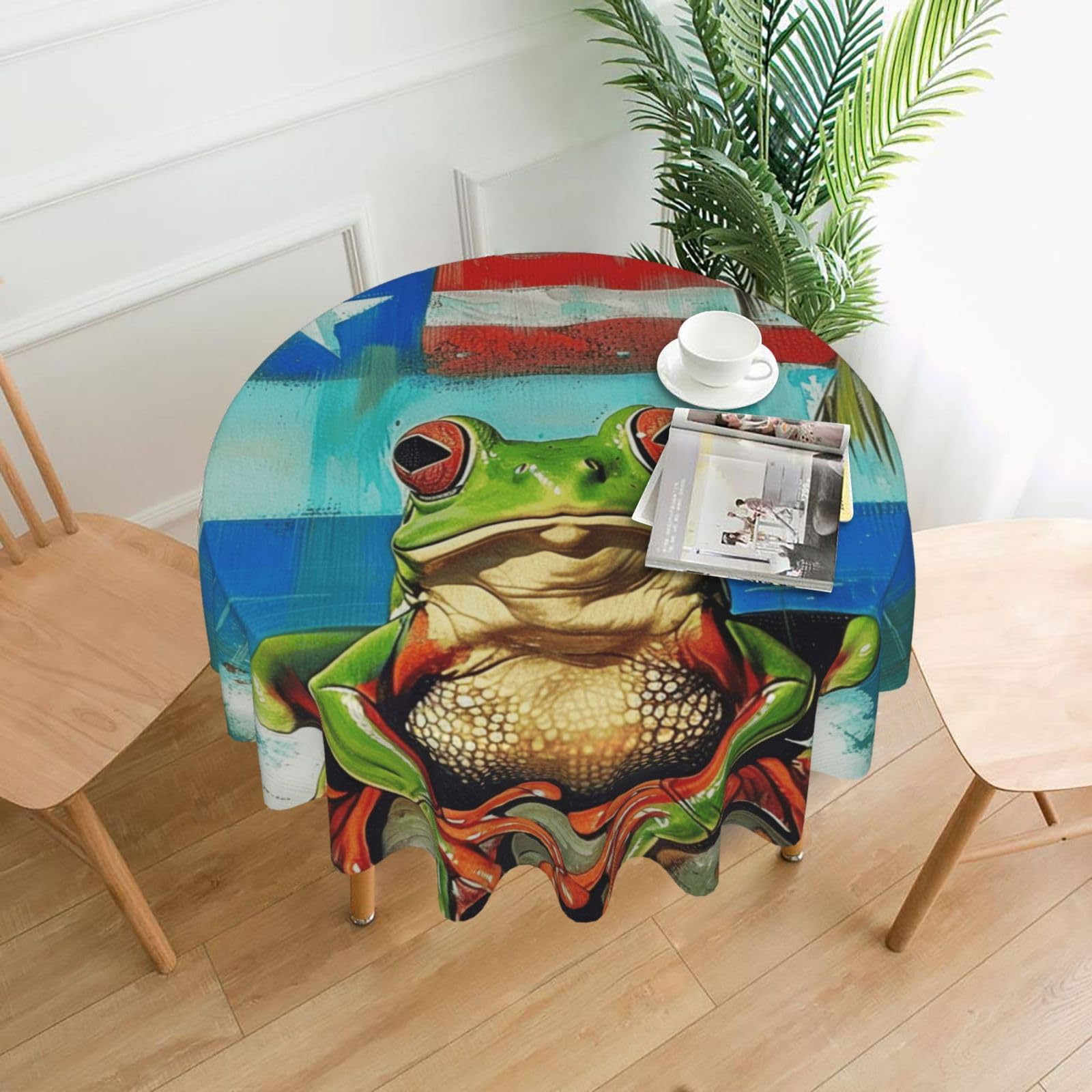 WPKJU Puerto Rico Flag Frog Palm Trees Printed Round Tablecloth 60 in Water Resistant Table Cover Washable Table Cloth for Dining Tables