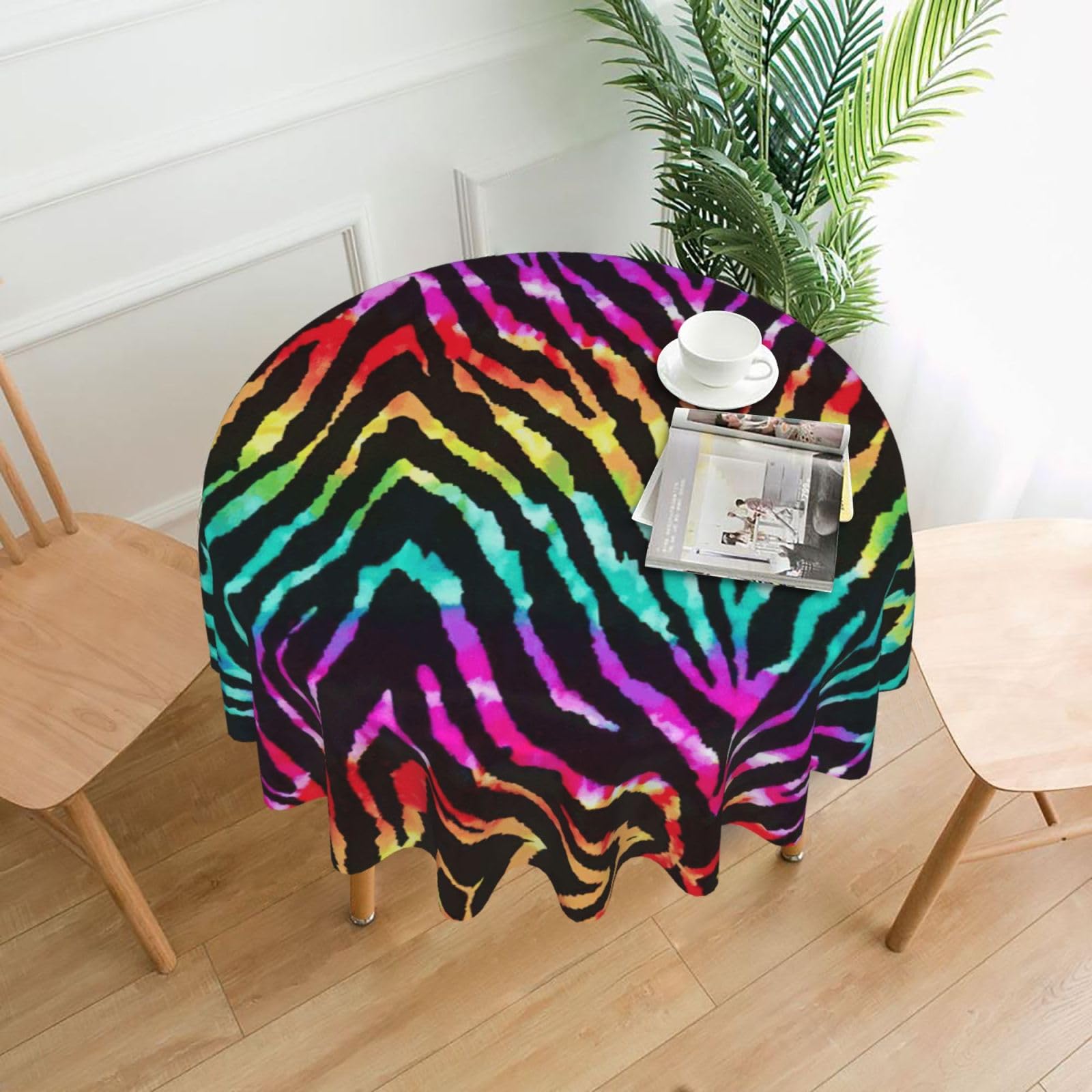 SDEGTHO Colorful Rainbow Zebra Print Modern Retro Round Tablecloth 60in Polyester Fabric Cover for Party Dining Table Washable