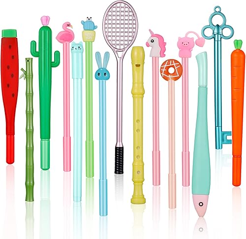 Chuangdi 15 bolígrafos de tinta de gel negra de dibujos animados para niñas, de 0.020 in, unicornio, cactus, novedosos bolígrafos de escritura