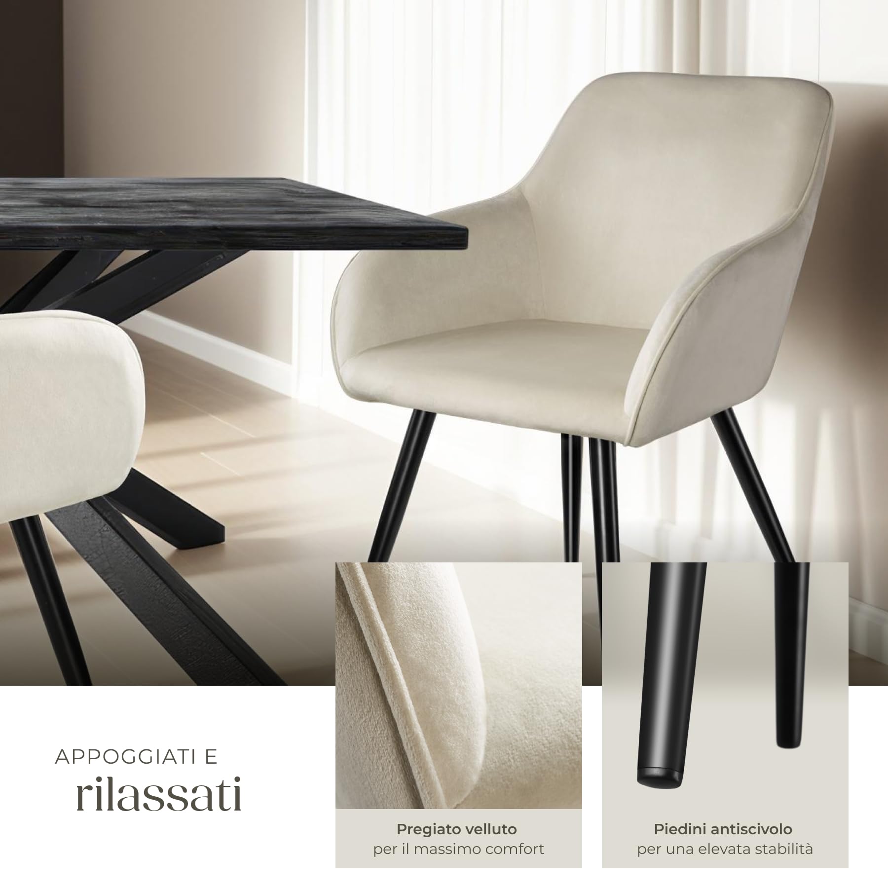 tectake® Set 6 Sedie Sala da Pranzo Effetto Velluto, Sedie Soggiorno con Morbida Imbottitura, Seduta Ergonomica, Poltrone Velluto Versatili, Sedie Design Moderno - Crema/Nero