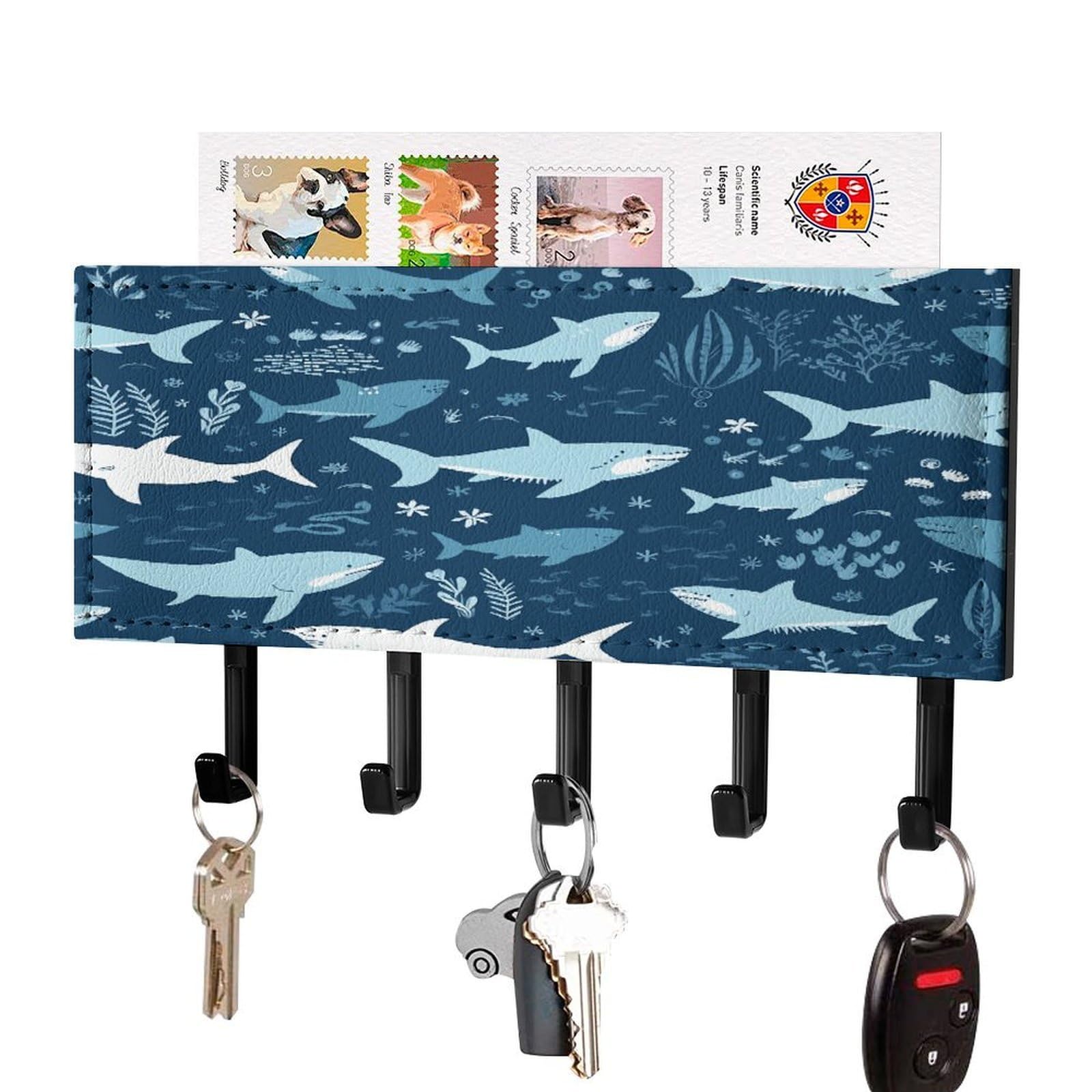 FekiLoot Sharksm Key Holder for Wall Decorative Mail Organizer with 5 Key Hook Self Adhesive Key Rack with Tray Coat Rack Wall Mount Key Hanger Decor for Entryway Door