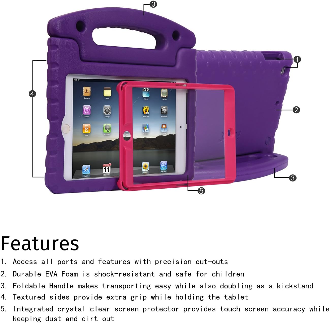HDE Case for iPad Mini 1 2 3 Kids Shockproof Bumper Hard Cover Handle Stand with Built in Screen Protector for Apple iPad Mini 1st 2nd 3rd Generation (Purple Pink)